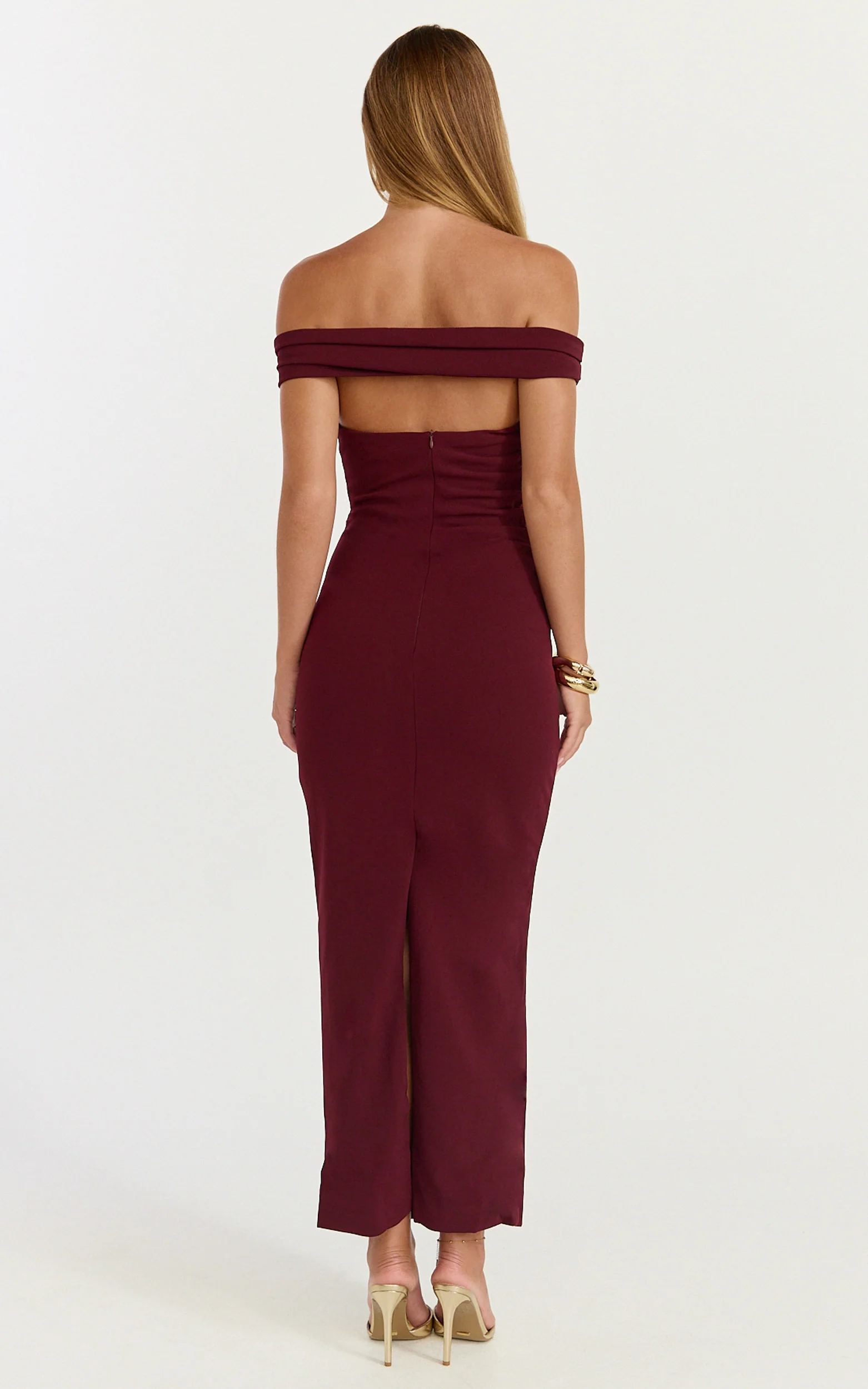Lena Midi Dress - Off Shoulder Ruched Bodycon Dress in Wine - Image 2