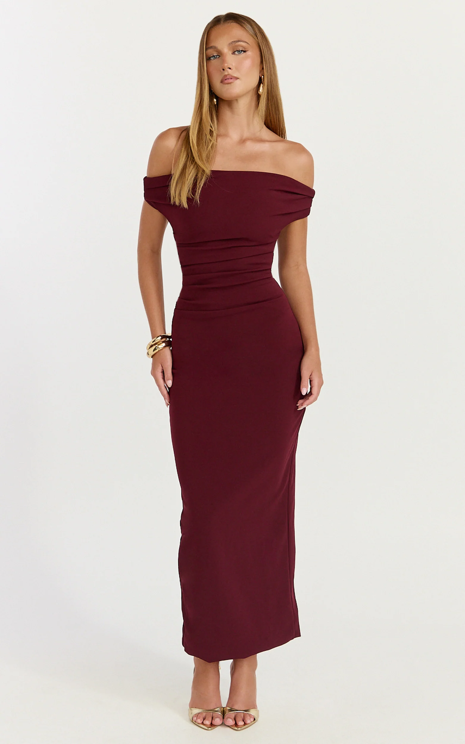 Lena Midi Dress - Off Shoulder Ruched Bodycon Dress in Wine - Image 4
