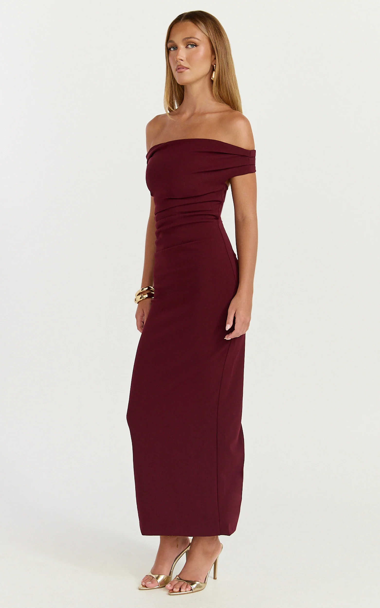 Lena Midi Dress - Off Shoulder Ruched Bodycon Dress in Wine - Image 5