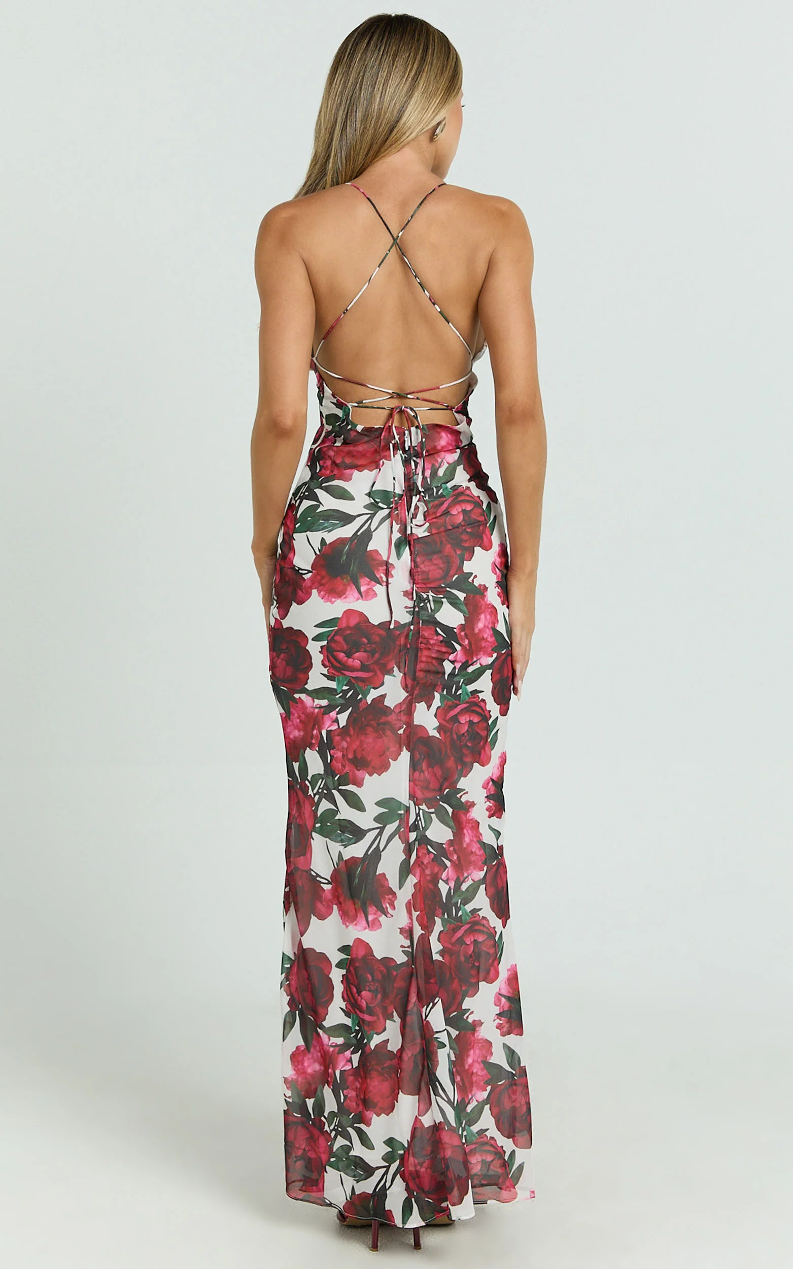 Lenny Maxi Dress - Bias Slip Lace Up Back Dress in Rose Blanca Floral - Image 2