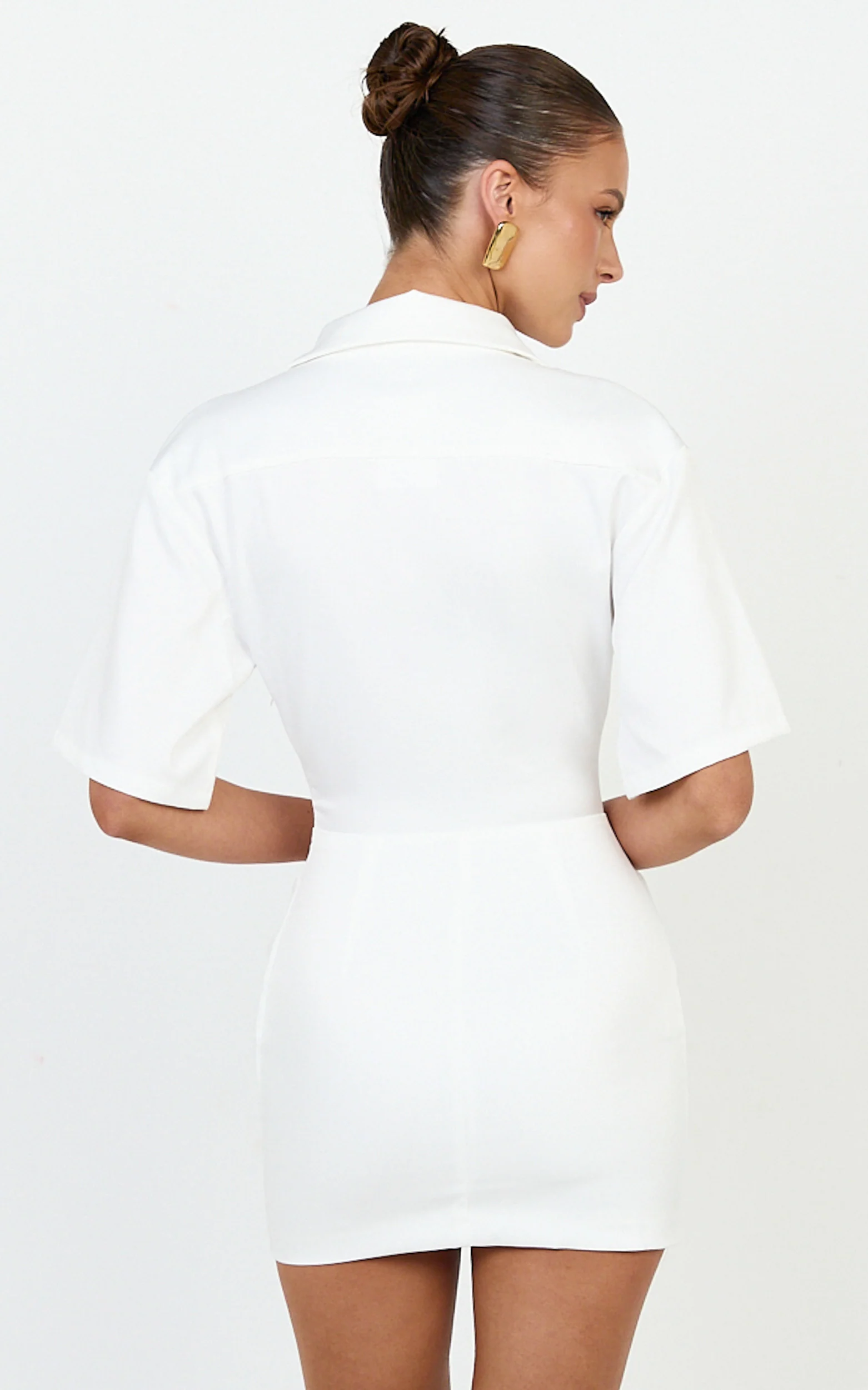 Leora Mini Dress - Button Front Draped Cowl Waist Dress in Off White - Image 5