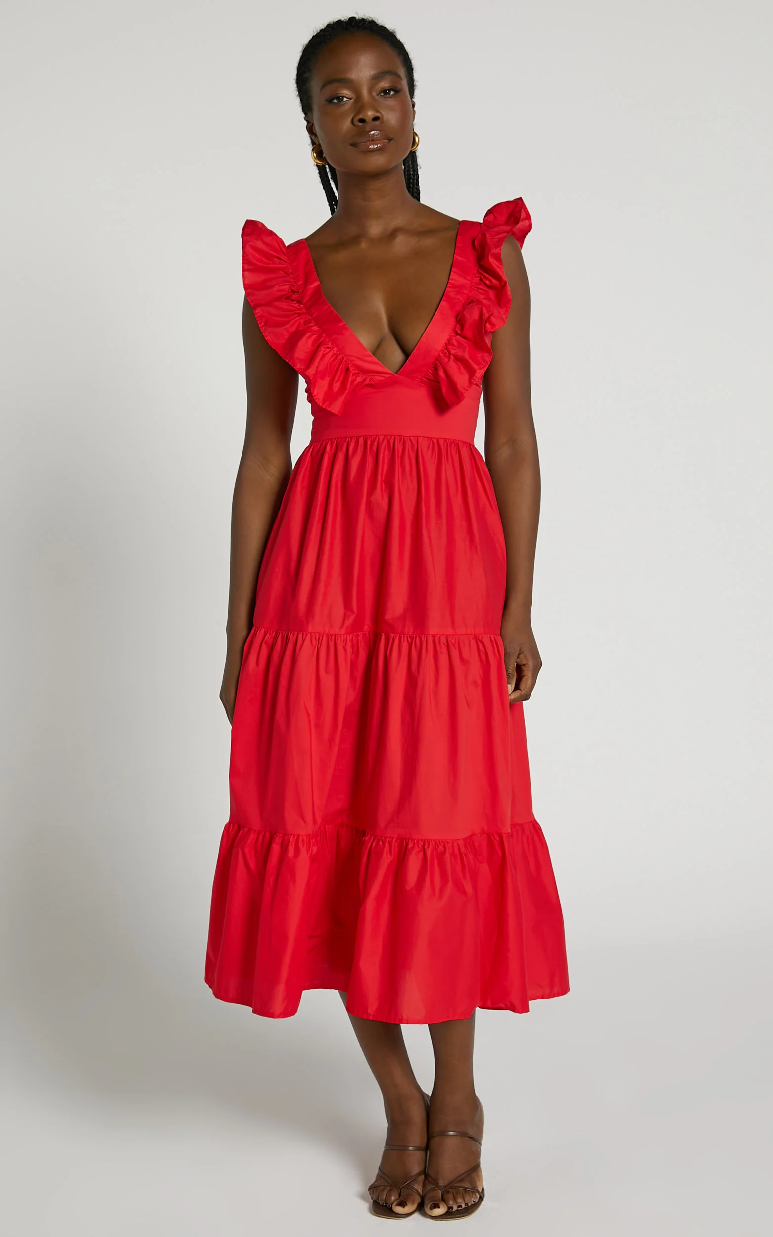 Levona Midi Dress - Ruffle Shoulder Tiered Dress in Cherry Tomato - Image 3
