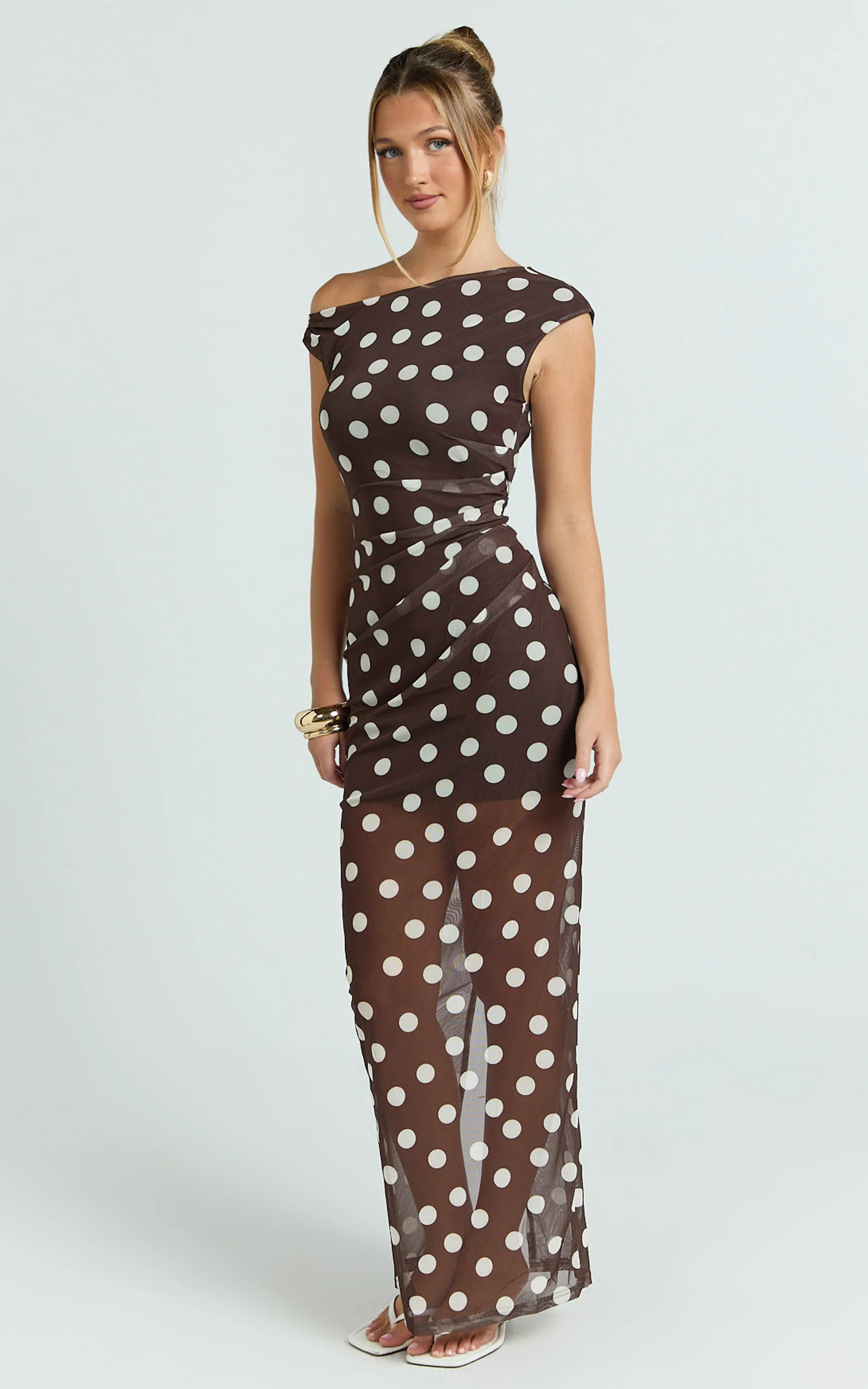 Lia Maxi Dress - Off Shoulder Slip Dress in Chocolate White Spot - Image 2
