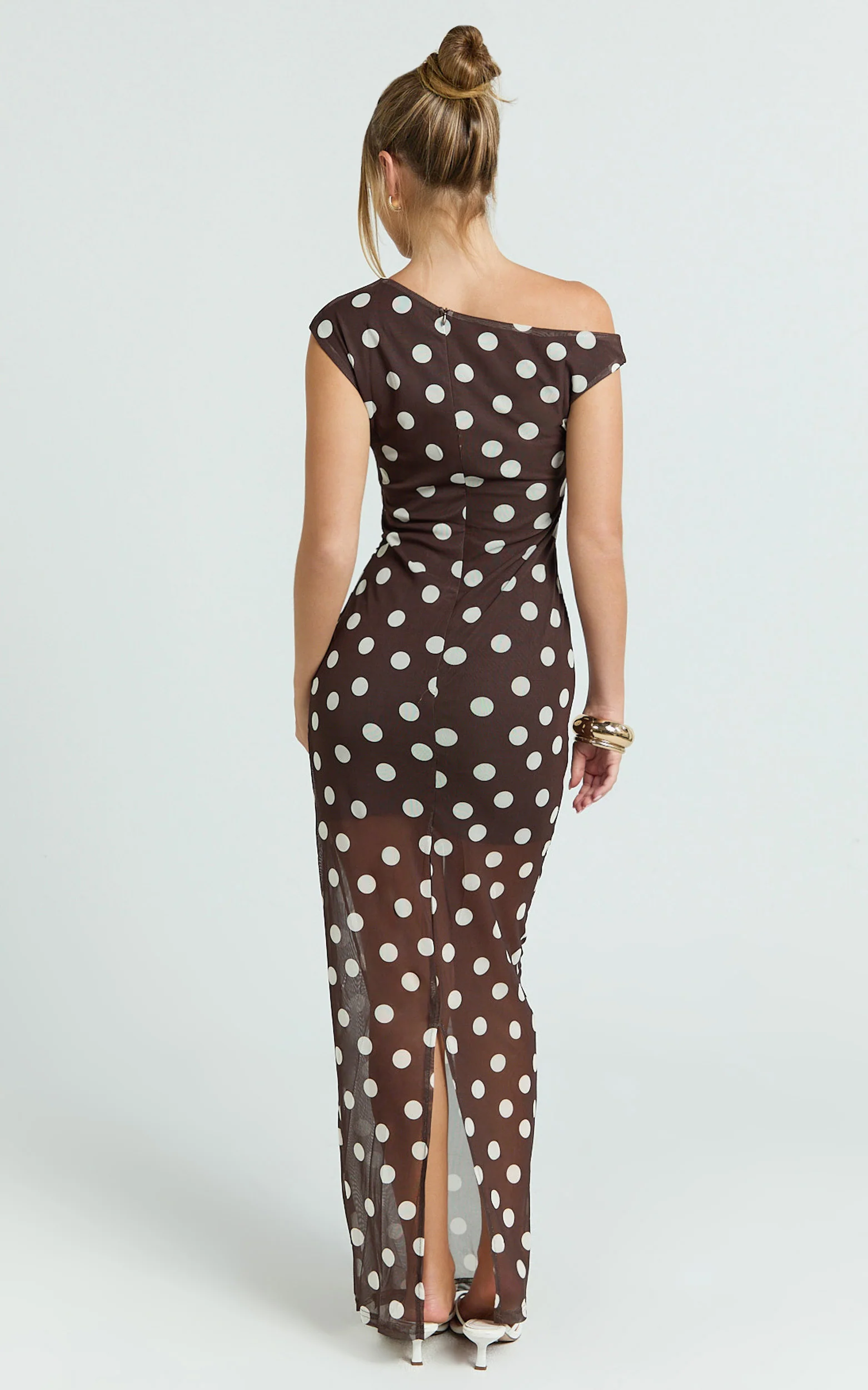 Lia Maxi Dress - Off Shoulder Slip Dress in Chocolate White Spot - Image 5