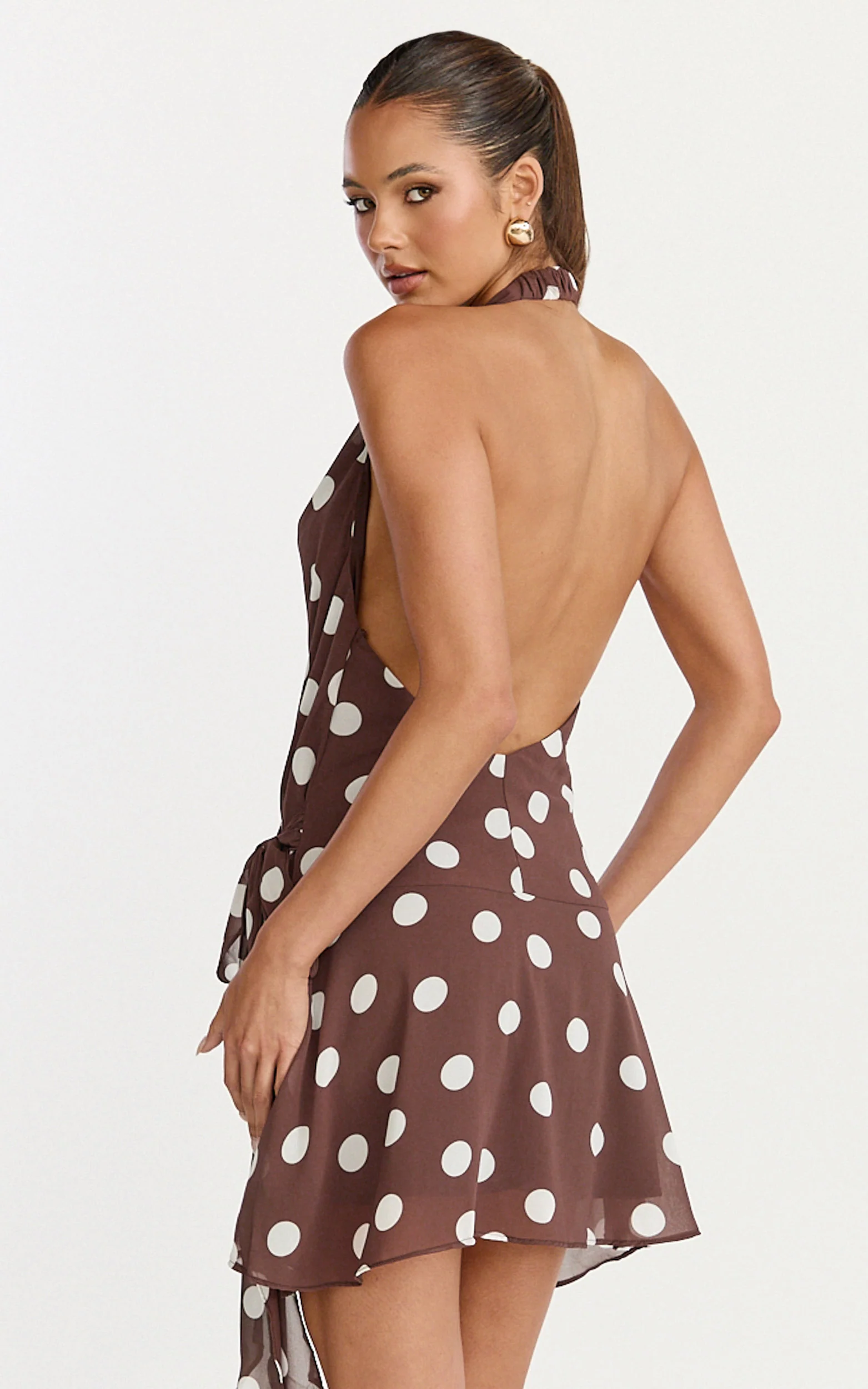 Lia Mini Dress - Wrap Around Dress in Choc Polka Dot - Image 2