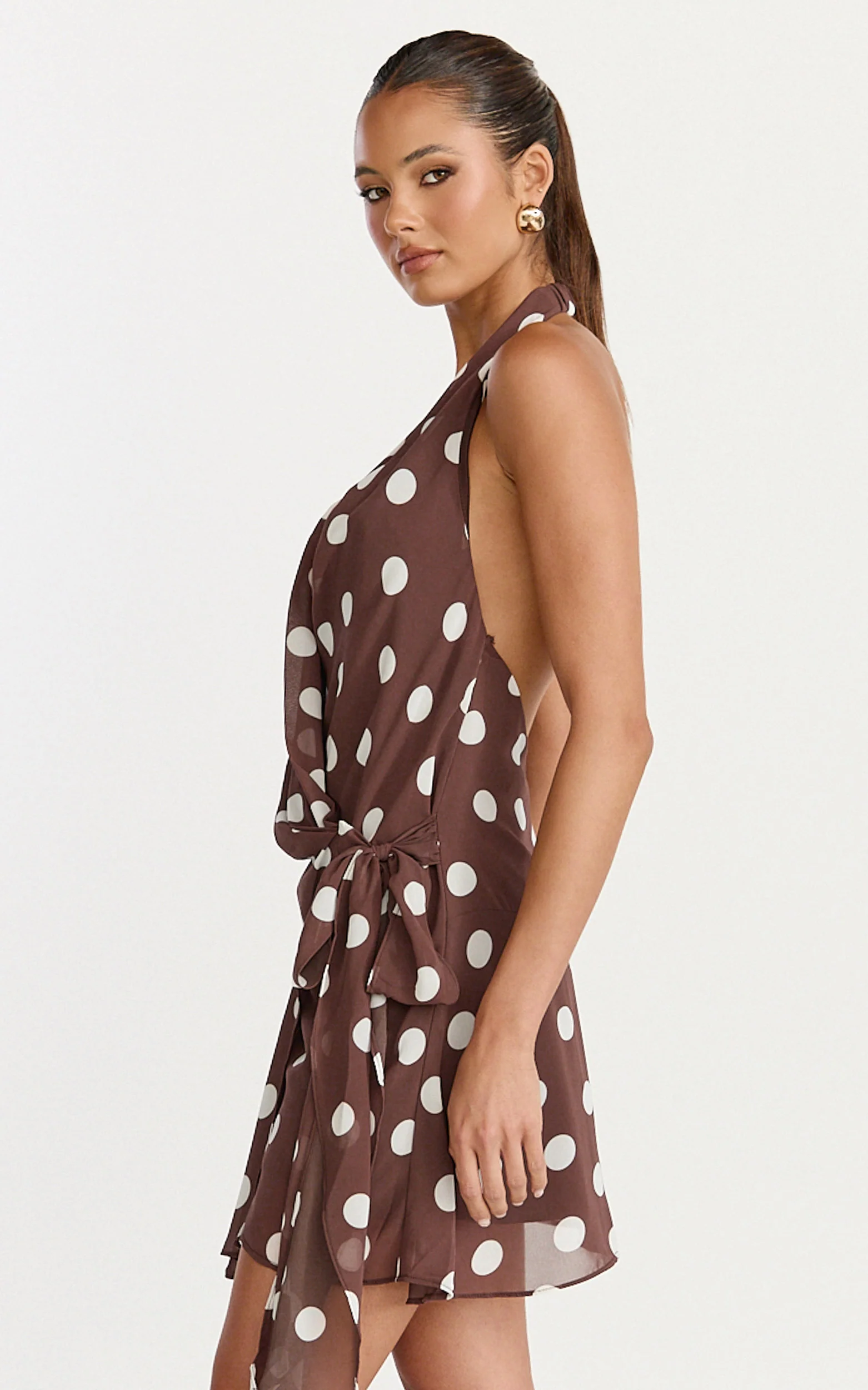 Lia Mini Dress - Wrap Around Dress in Choc Polka Dot - Image 6