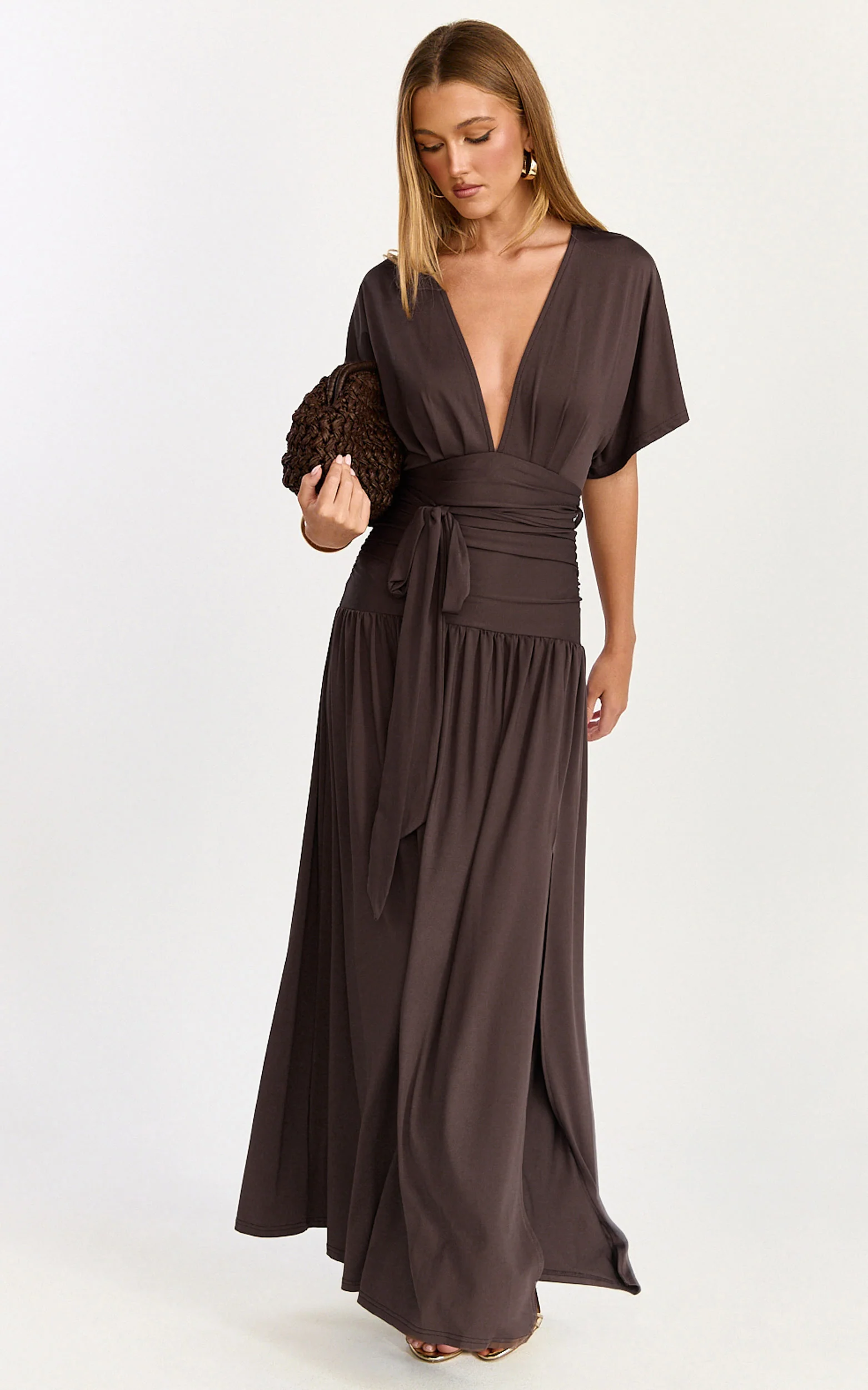 Liana Maxi Dress - Wide Sleeve Tie Waist Maxi Dress in Chocolate - Image 3