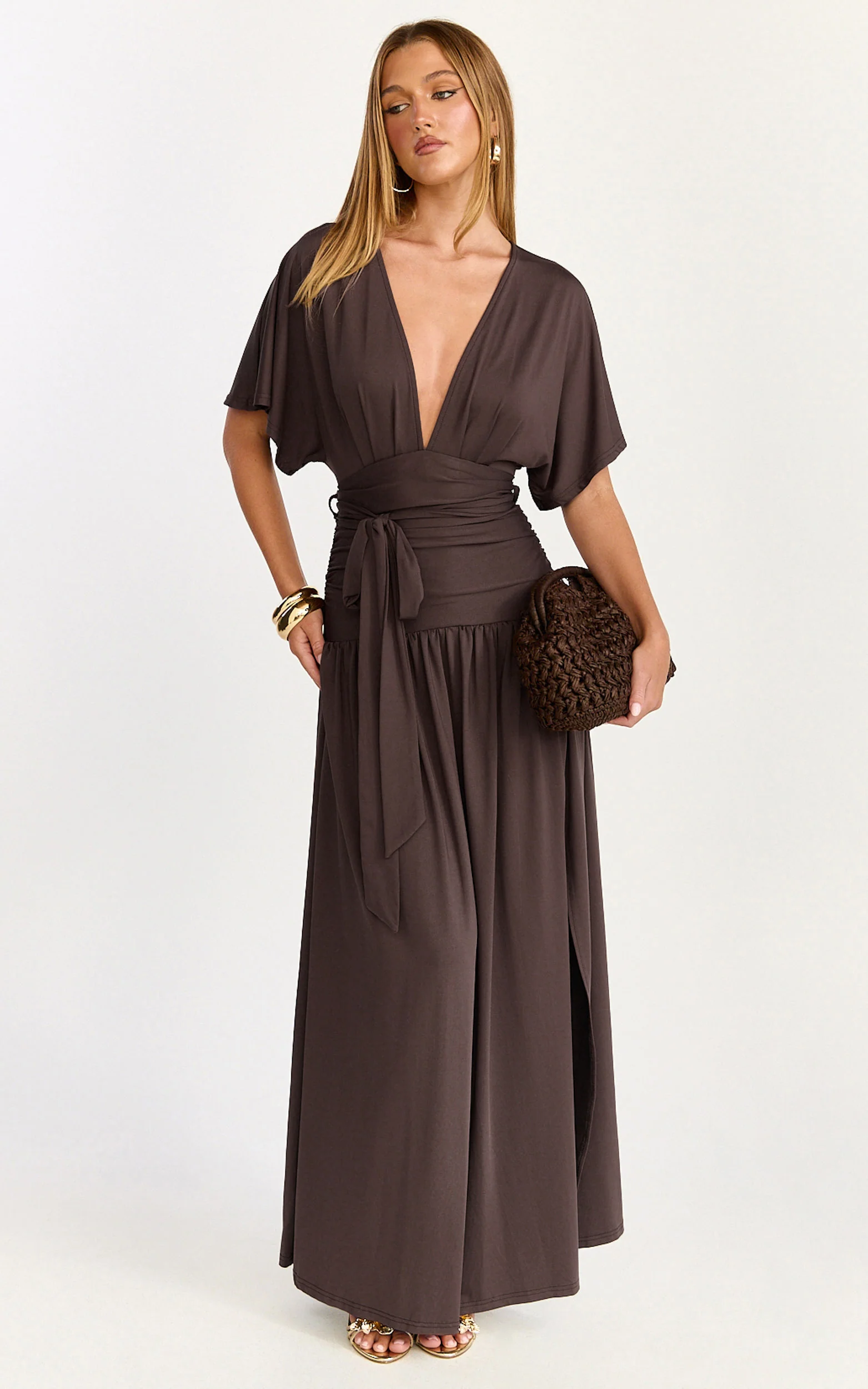 Liana Maxi Dress - Wide Sleeve Tie Waist Maxi Dress in Chocolate - Image 4