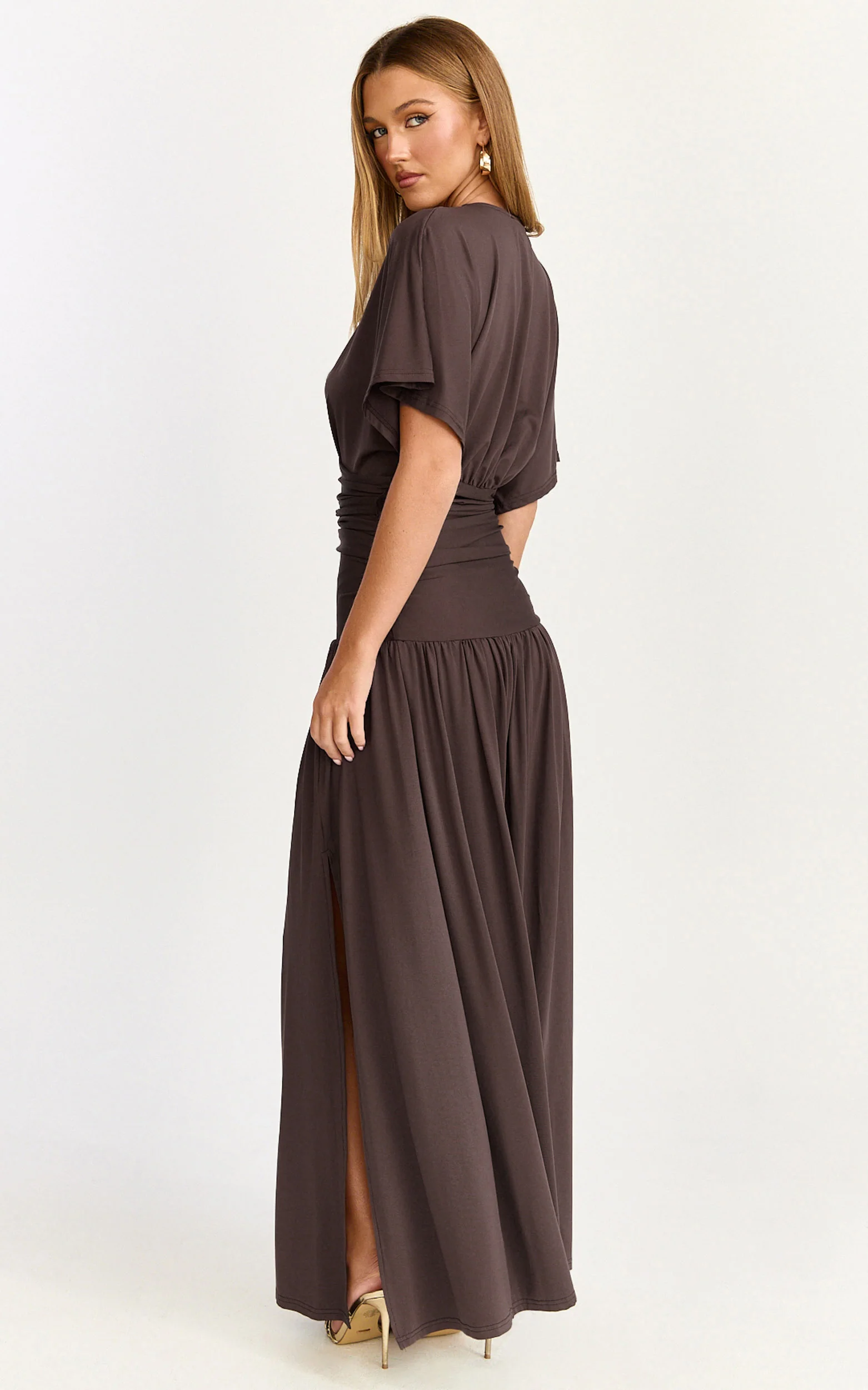 Liana Maxi Dress - Wide Sleeve Tie Waist Maxi Dress in Chocolate - Image 5