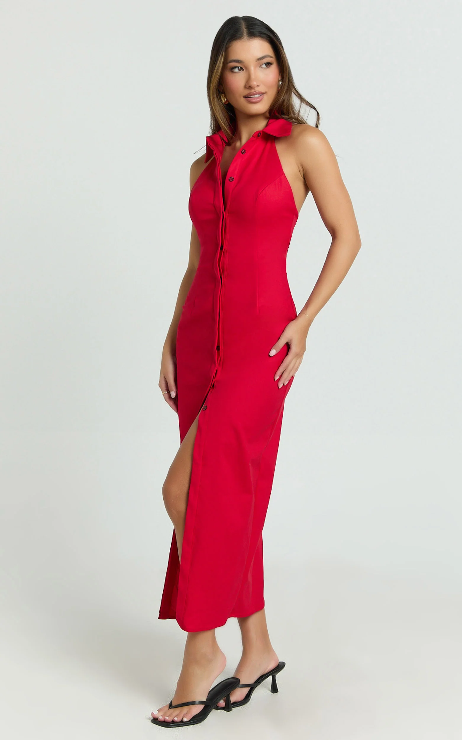 Lillibelle Midi Dress - Collared Button Down Bodycon Dress in Red - Image 2