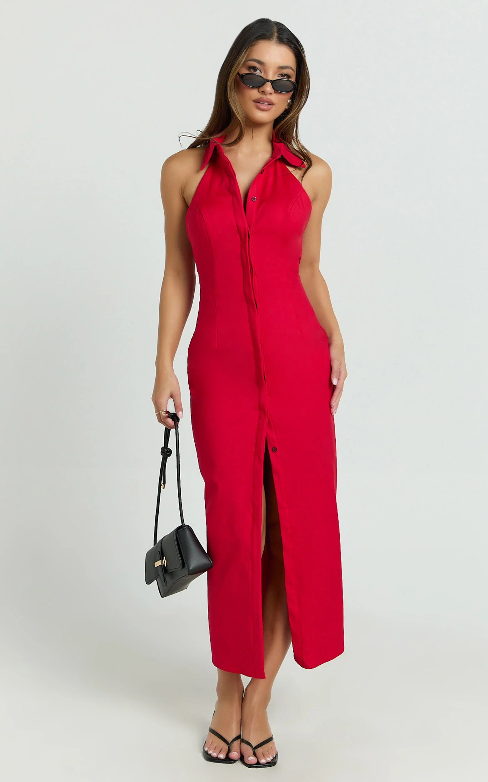 Lillibelle Midi Dress - Collared Button Down Bodycon Dress in Red - Image 4