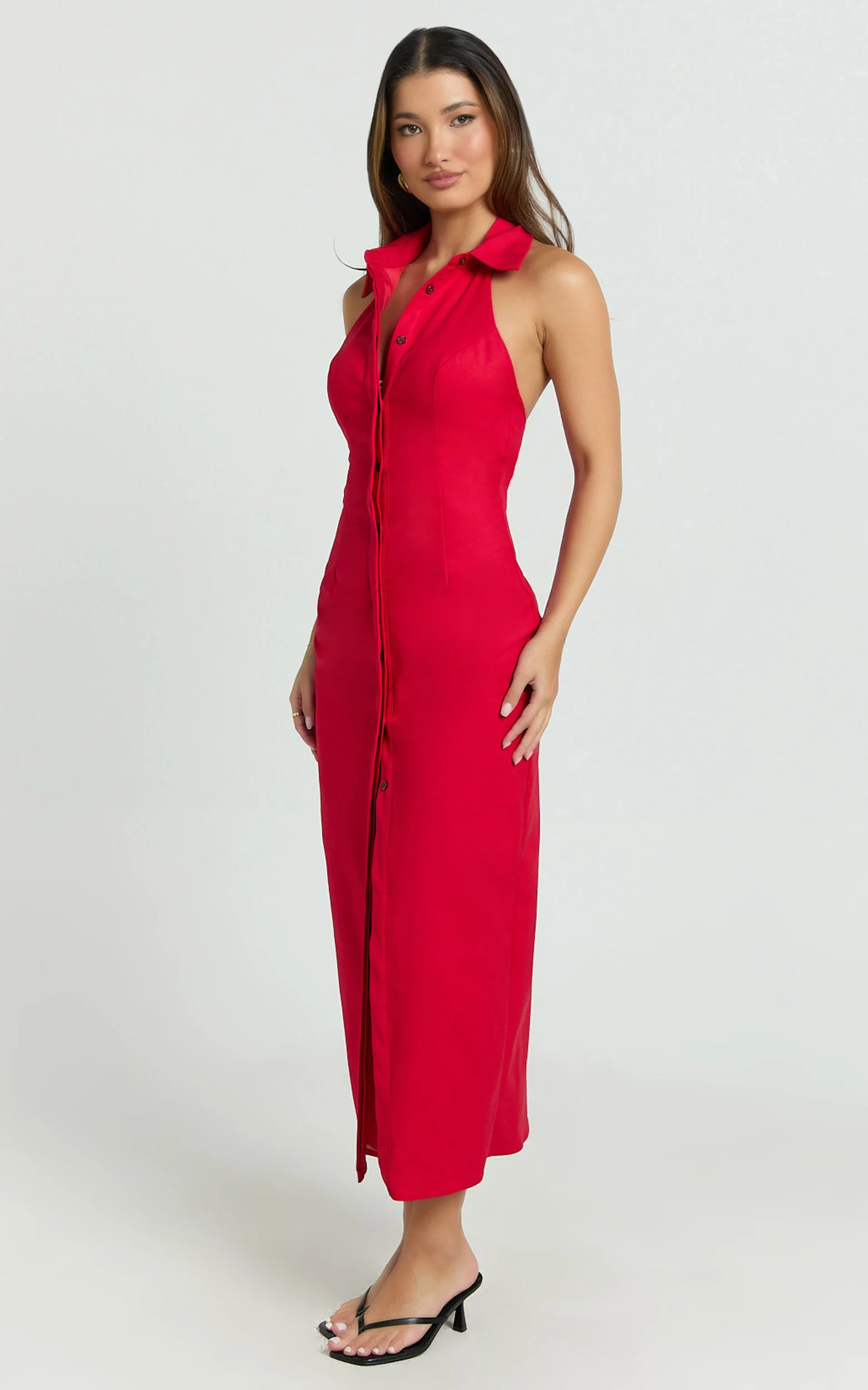 Lillibelle Midi Dress - Collared Button Down Bodycon Dress in Red - Image 5