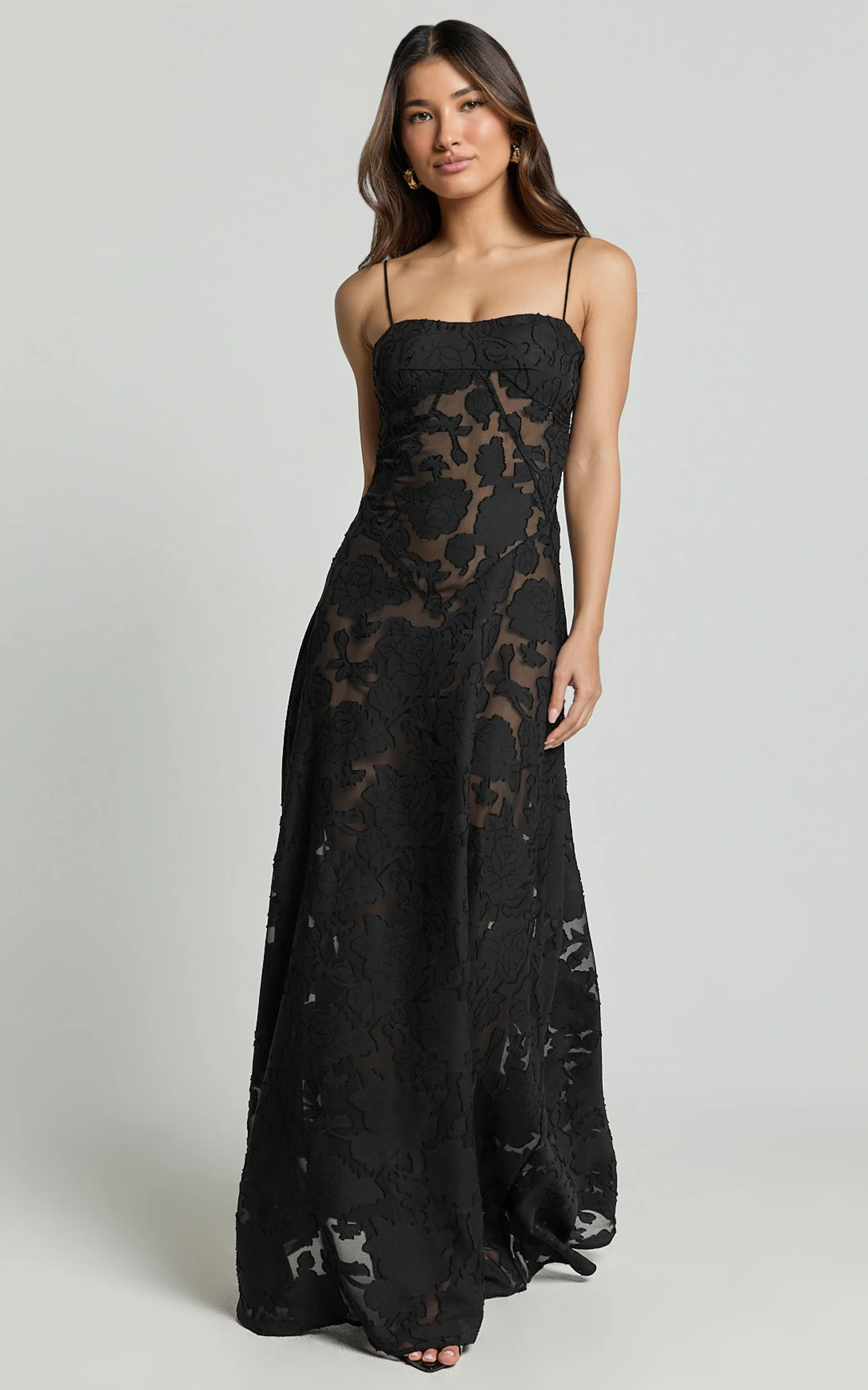 Lily Maxi Dress - Sheer Jacquard Maxi Dress in Black - Image 3