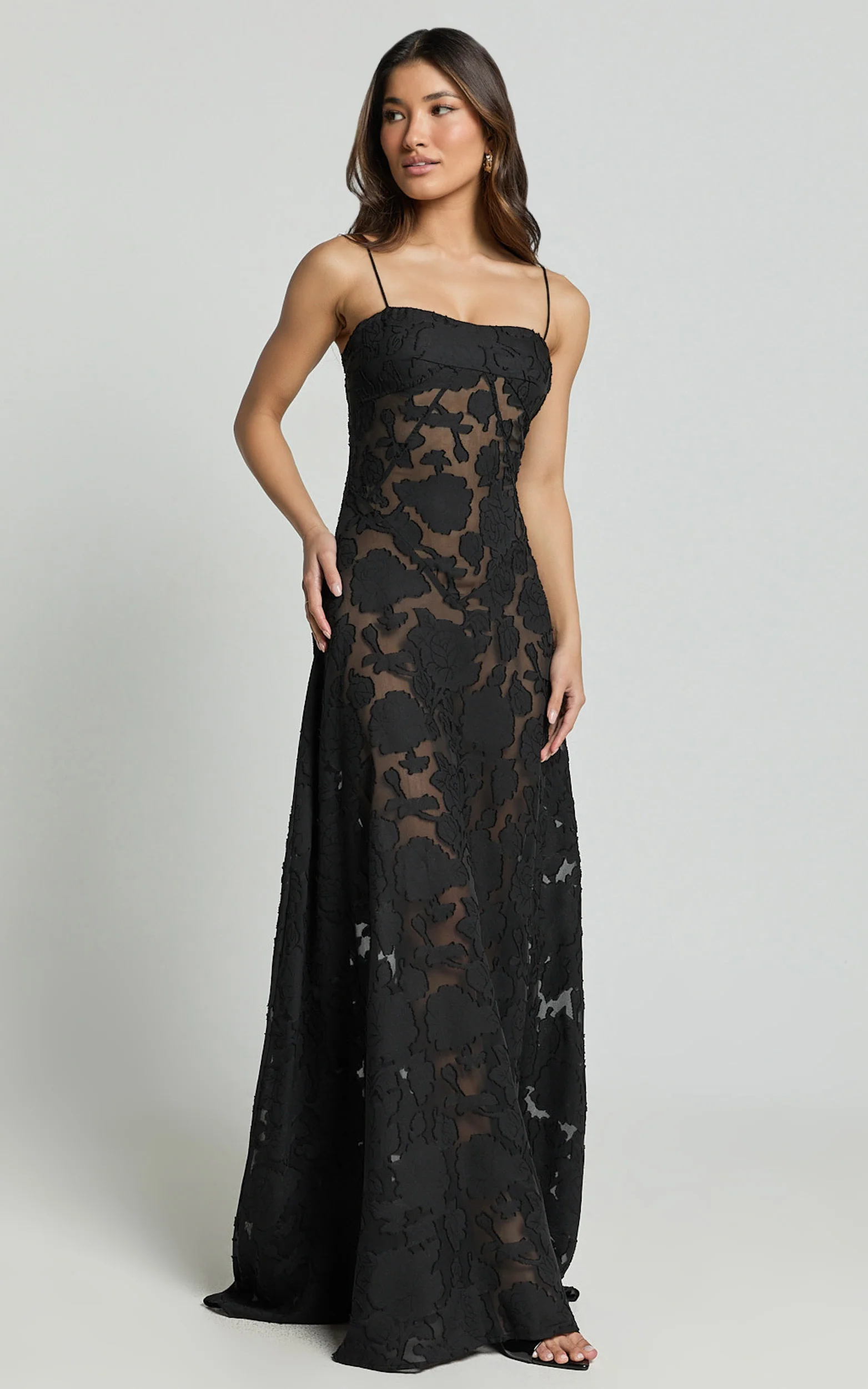 Lily Maxi Dress - Sheer Jacquard Maxi Dress in Black - Image 4