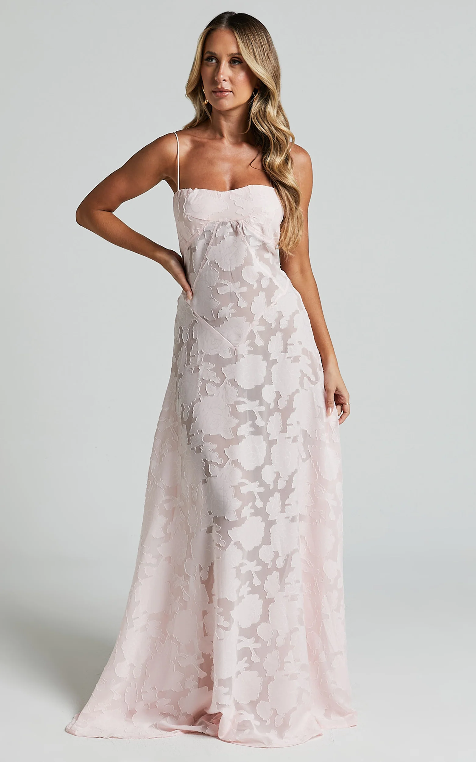 Lily Maxi Dress - Sheer Jacquard Maxi Dress in Pink - Image 3