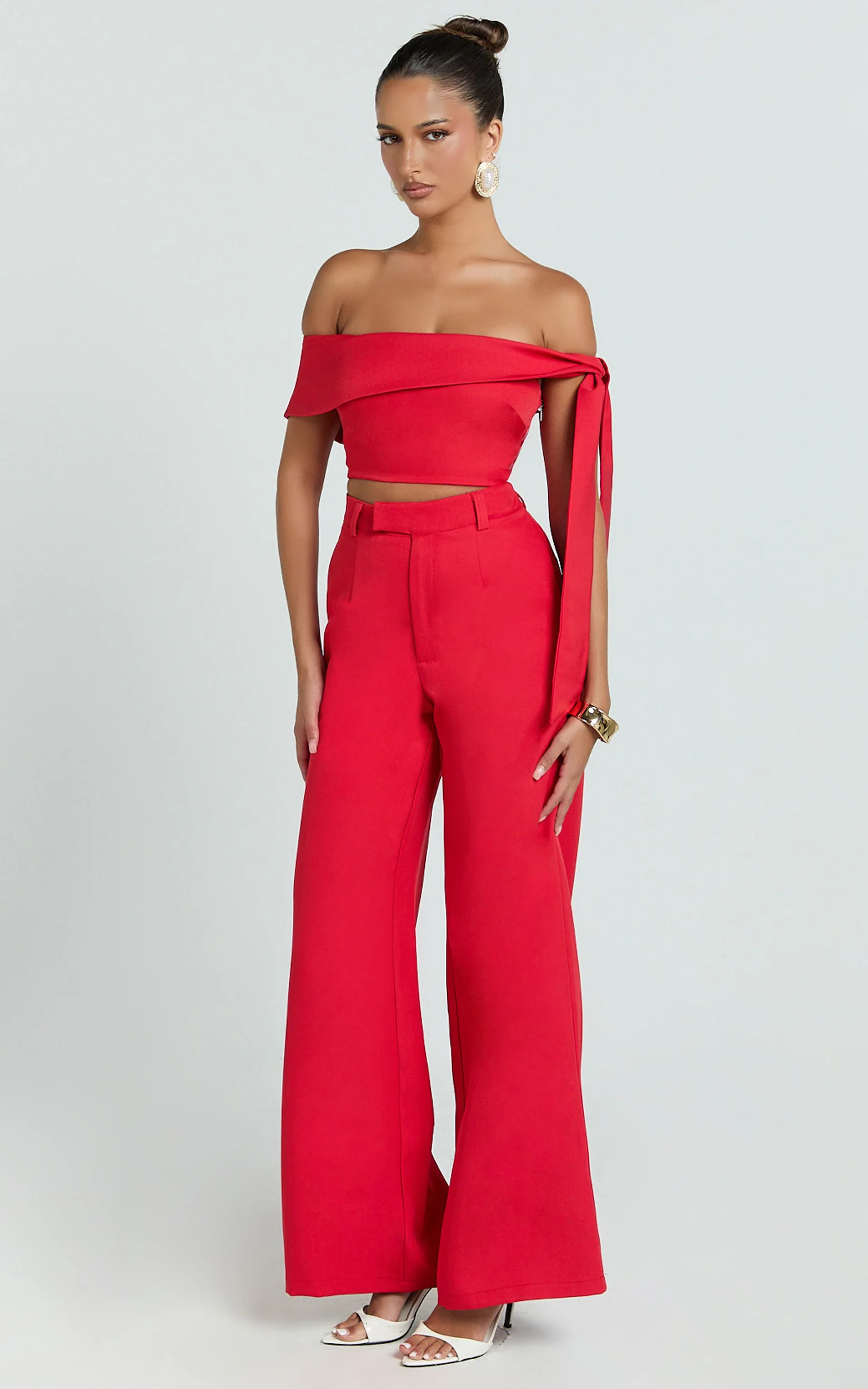 Lily Two Piece Set - Off Shoulder Tie Detail Top and Tailored Pant Set in Red - Image 2