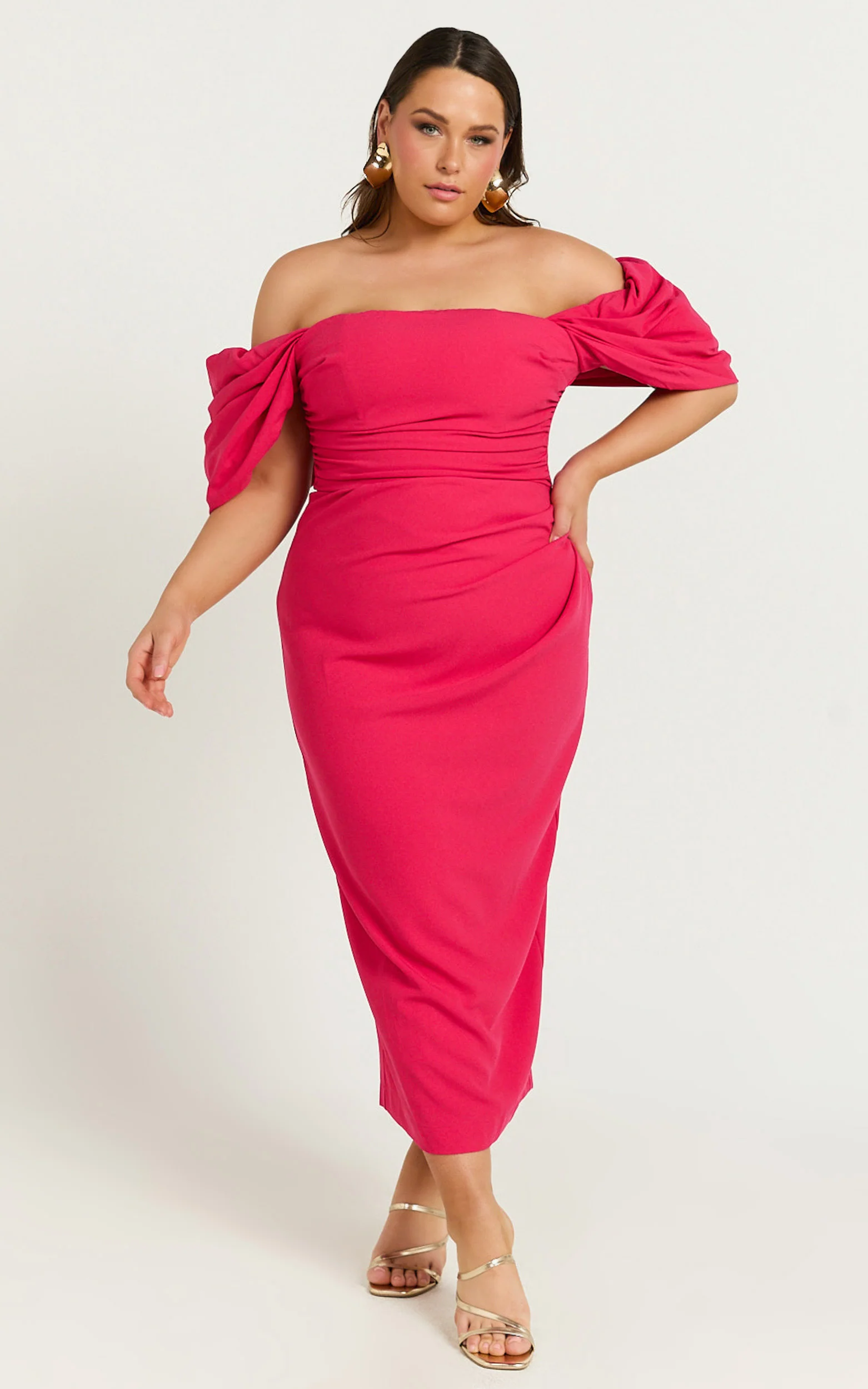 Lohan Midi Dress - Off Shoulder Puff Sleeve in Berry - Image 2