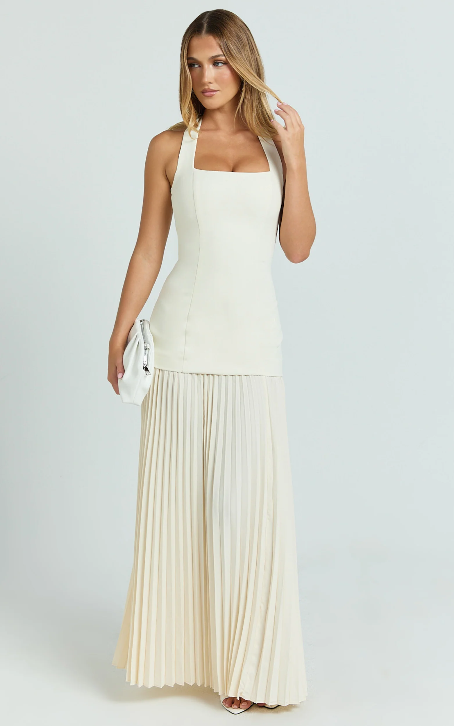 Loretta Maxi Dress - Contrast Halter Neck Pleated Dress in Pastel Yellow - Image 3