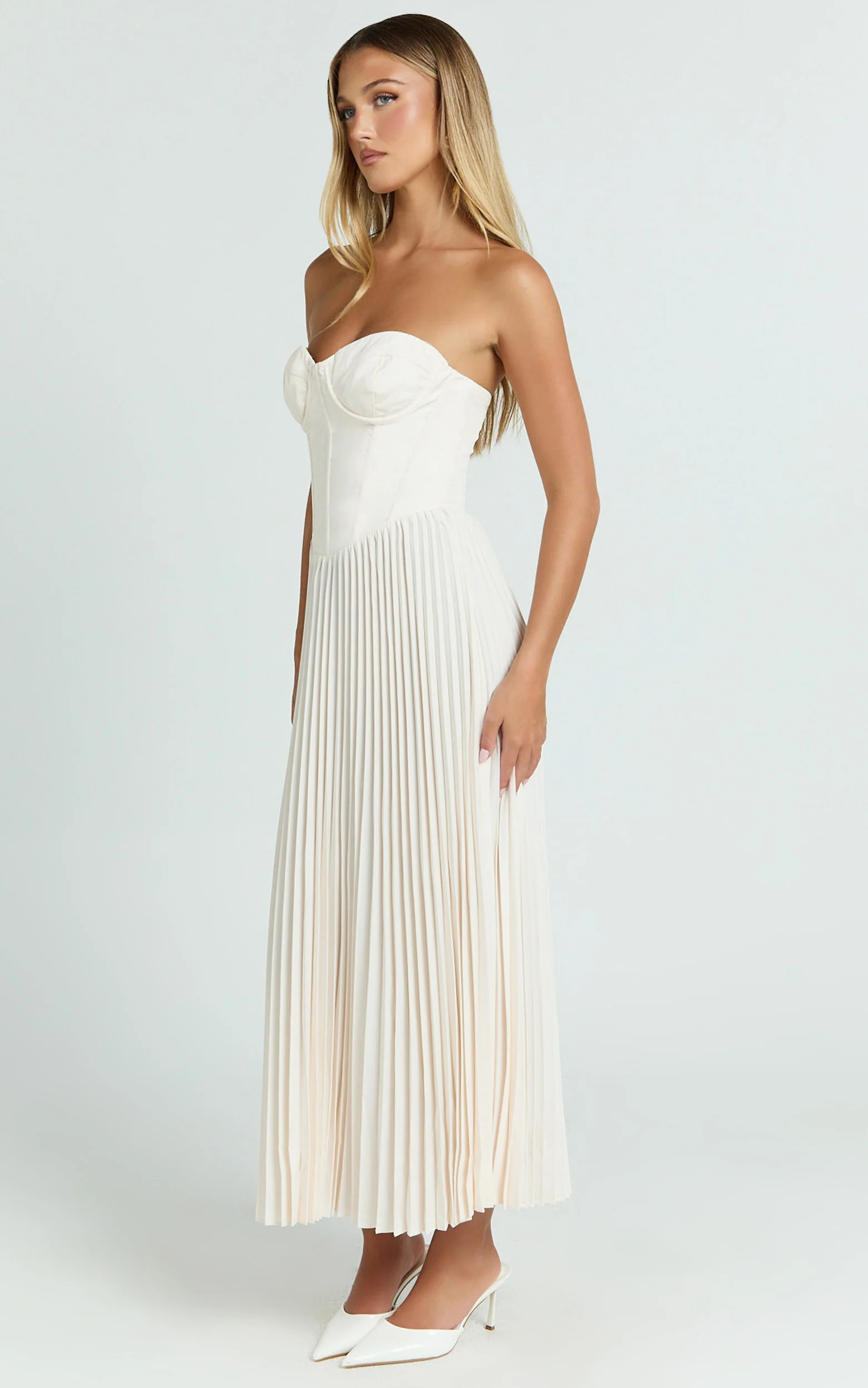 Loretta Midi Dress - Lace Up Back Bustier Pleated Dress in Cream - Image 6