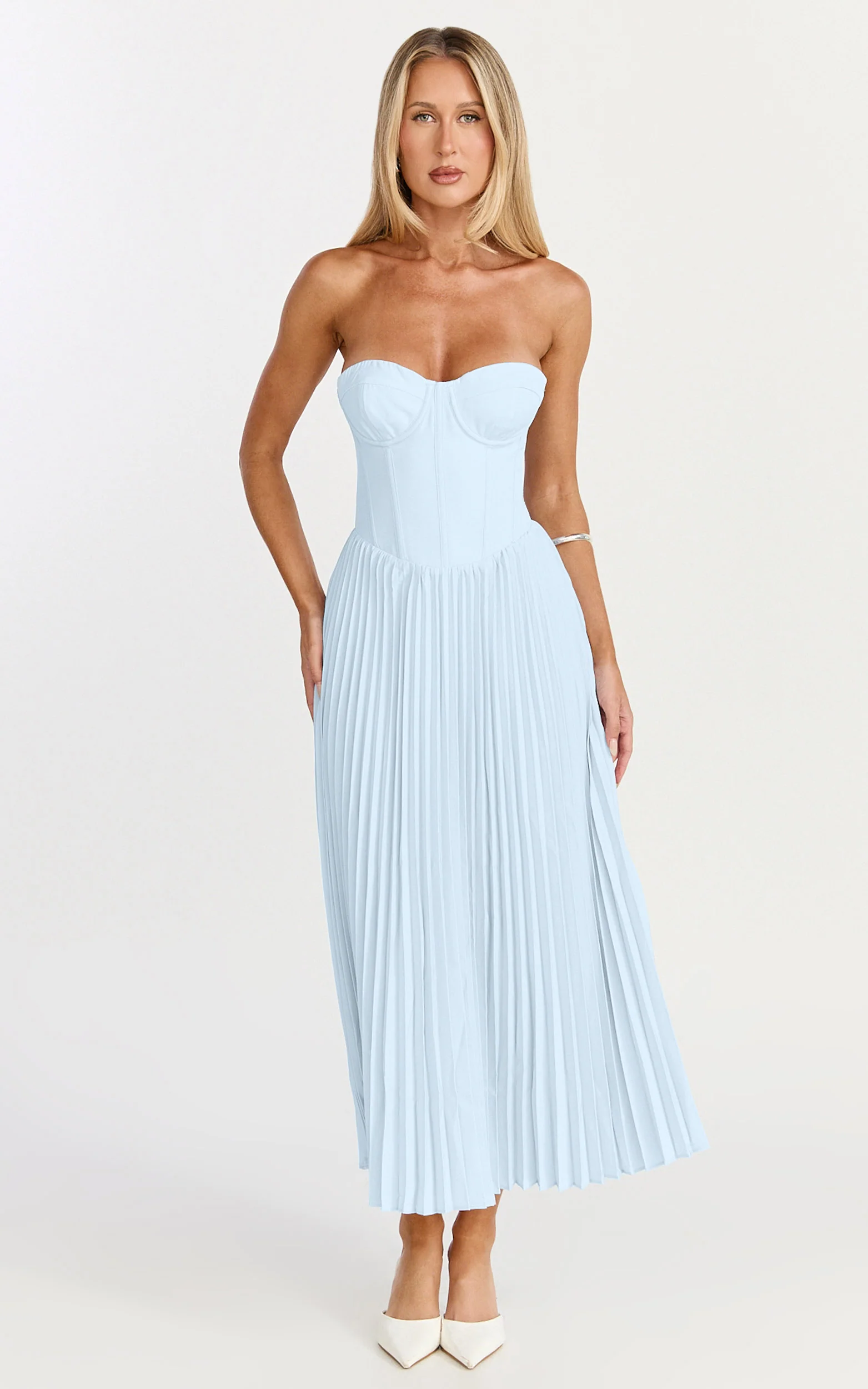 Loretta Midi Dress - Lace Up Back Bustier Pleated Dress in Light Blue - Image 3
