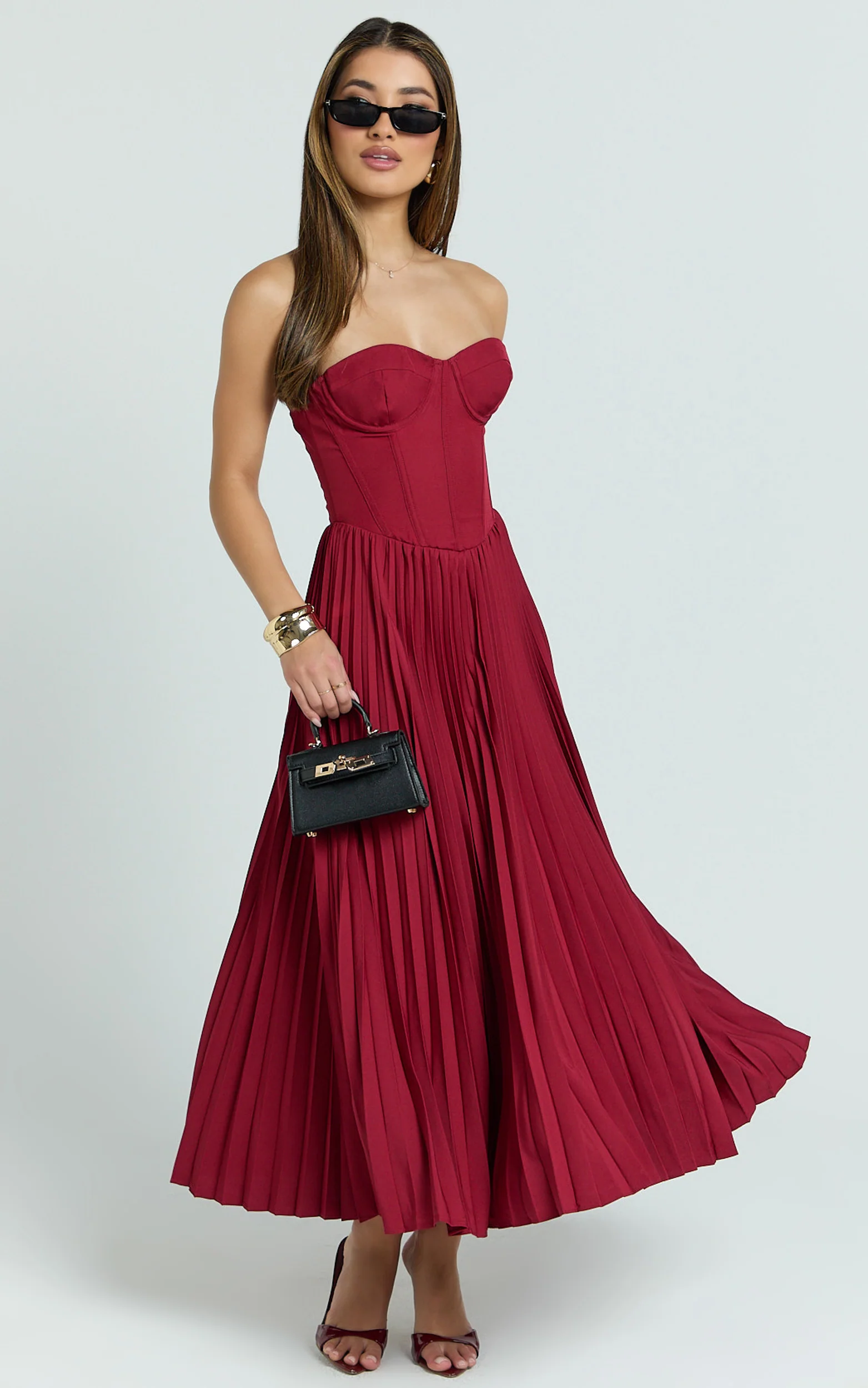 Loretta Midi Dress - Lace Up Back Bustier Pleated Dress in Wine - Image 3