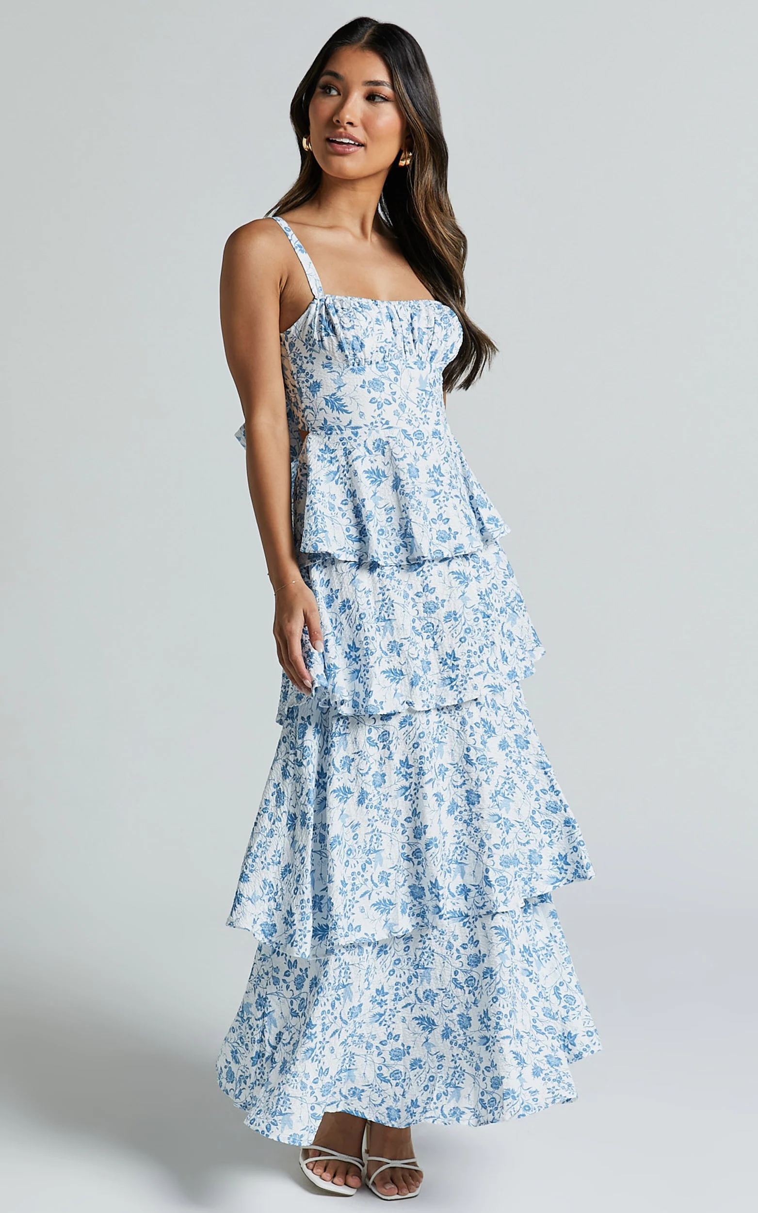 Lorma Midi Dress - Ruched Layered Dress in Blue Floral - Image 3