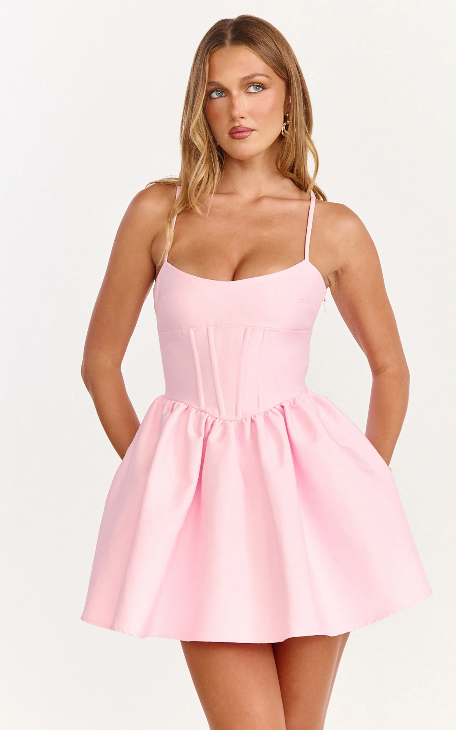 Louisa Mini Dress - Boned Bodice Lace Up Back Dress in Soft Pink - Image 4