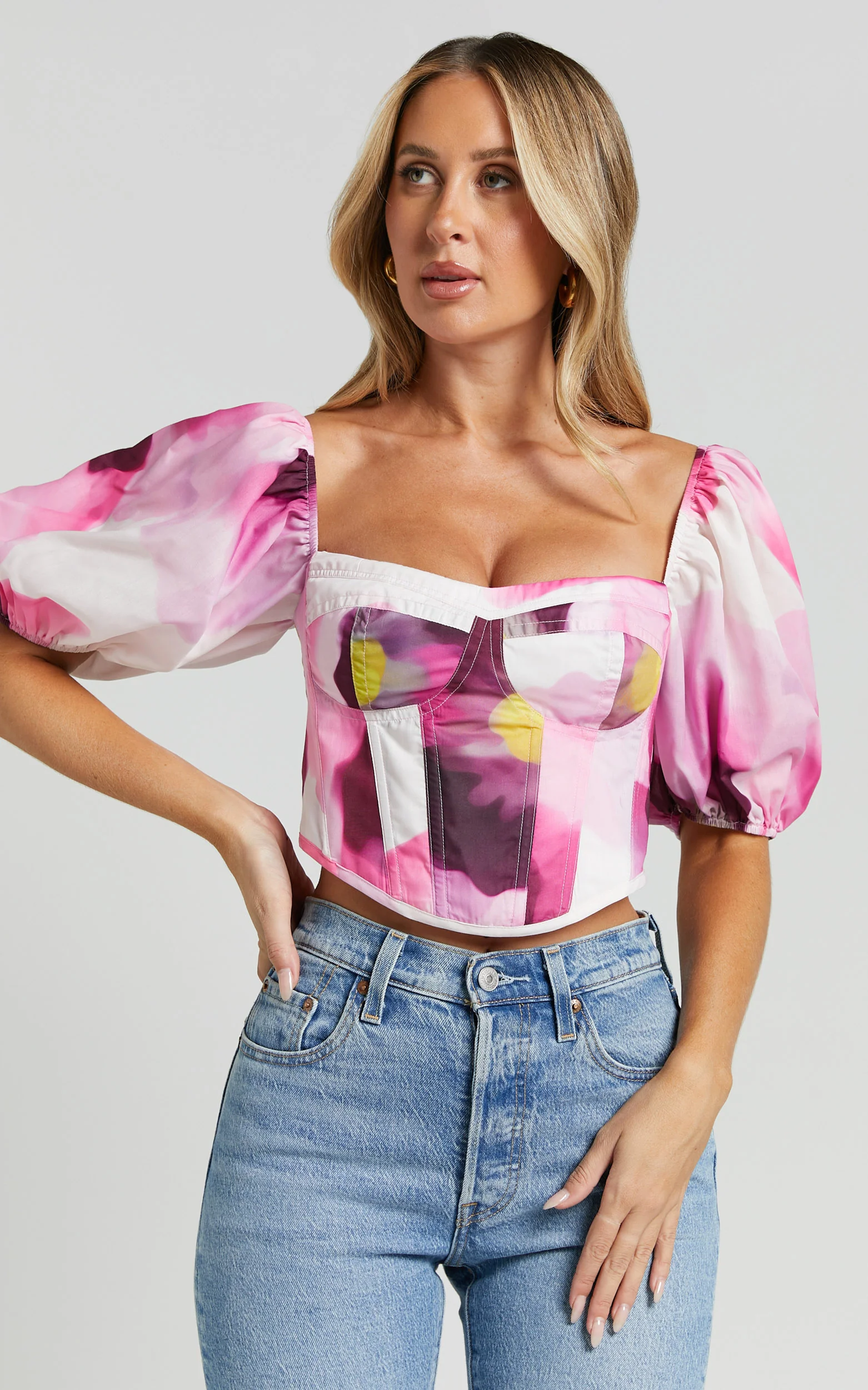 Lucienna Top - Sweetheart Blouson Puff Sleeve Corset in Zinnia Bloom - Image 4