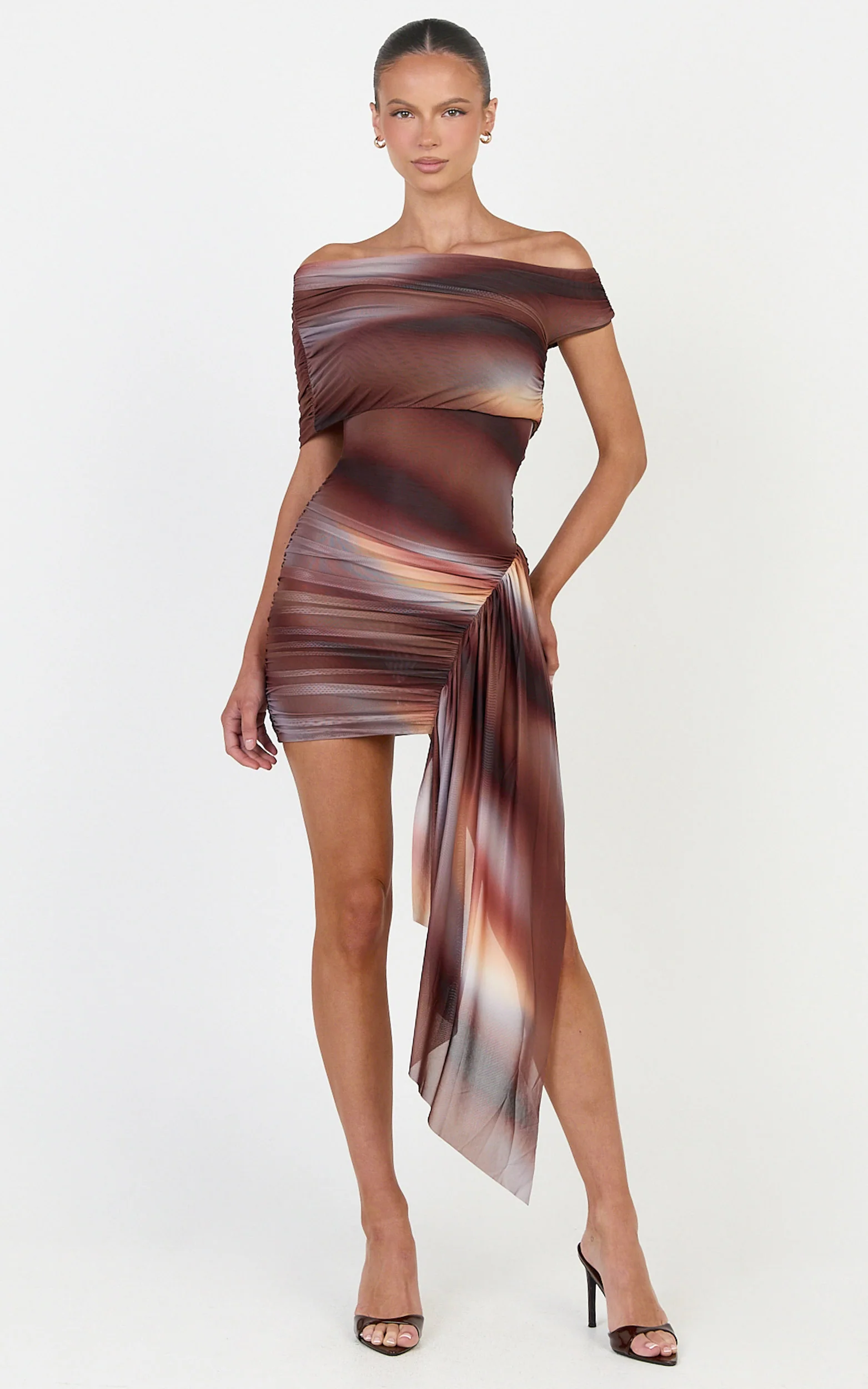 Lucienne Mini Dress - Asymmetric Off Shoulder Gathered Draped Sash Dress in Aurora Print - Image 3