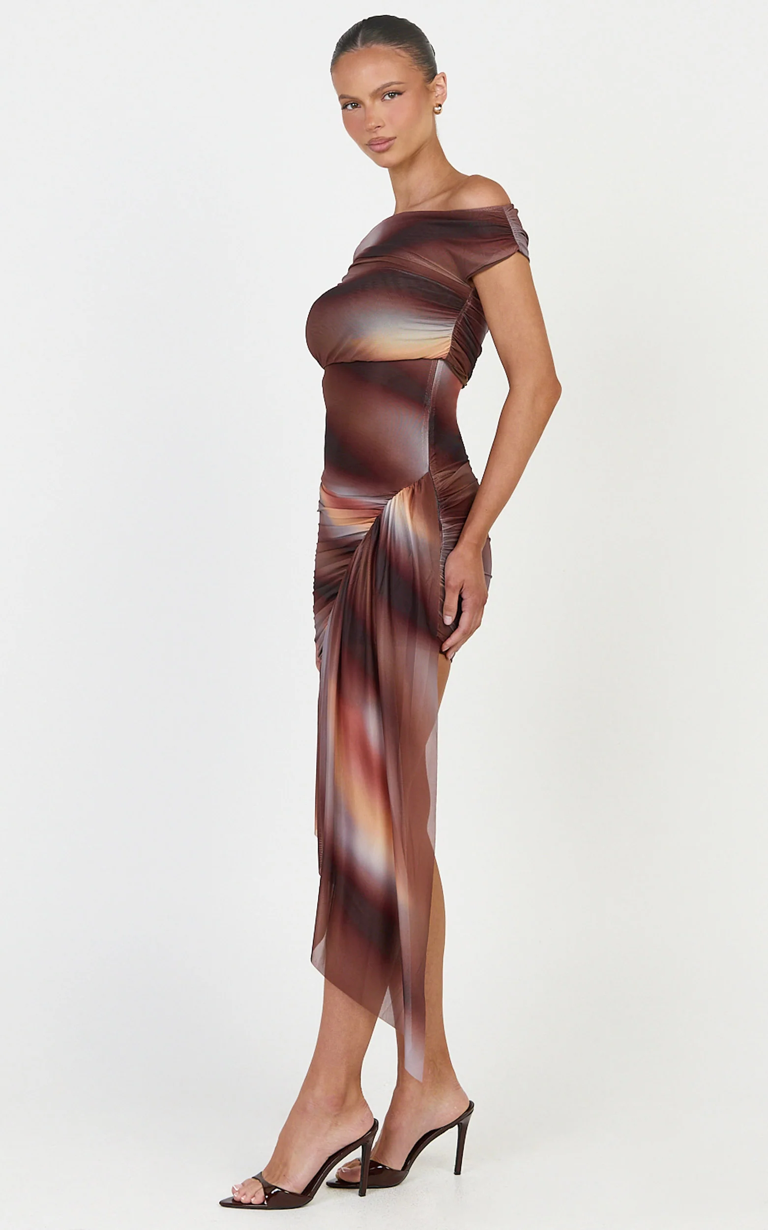 Lucienne Mini Dress - Asymmetric Off Shoulder Gathered Draped Sash Dress in Aurora Print - Image 4
