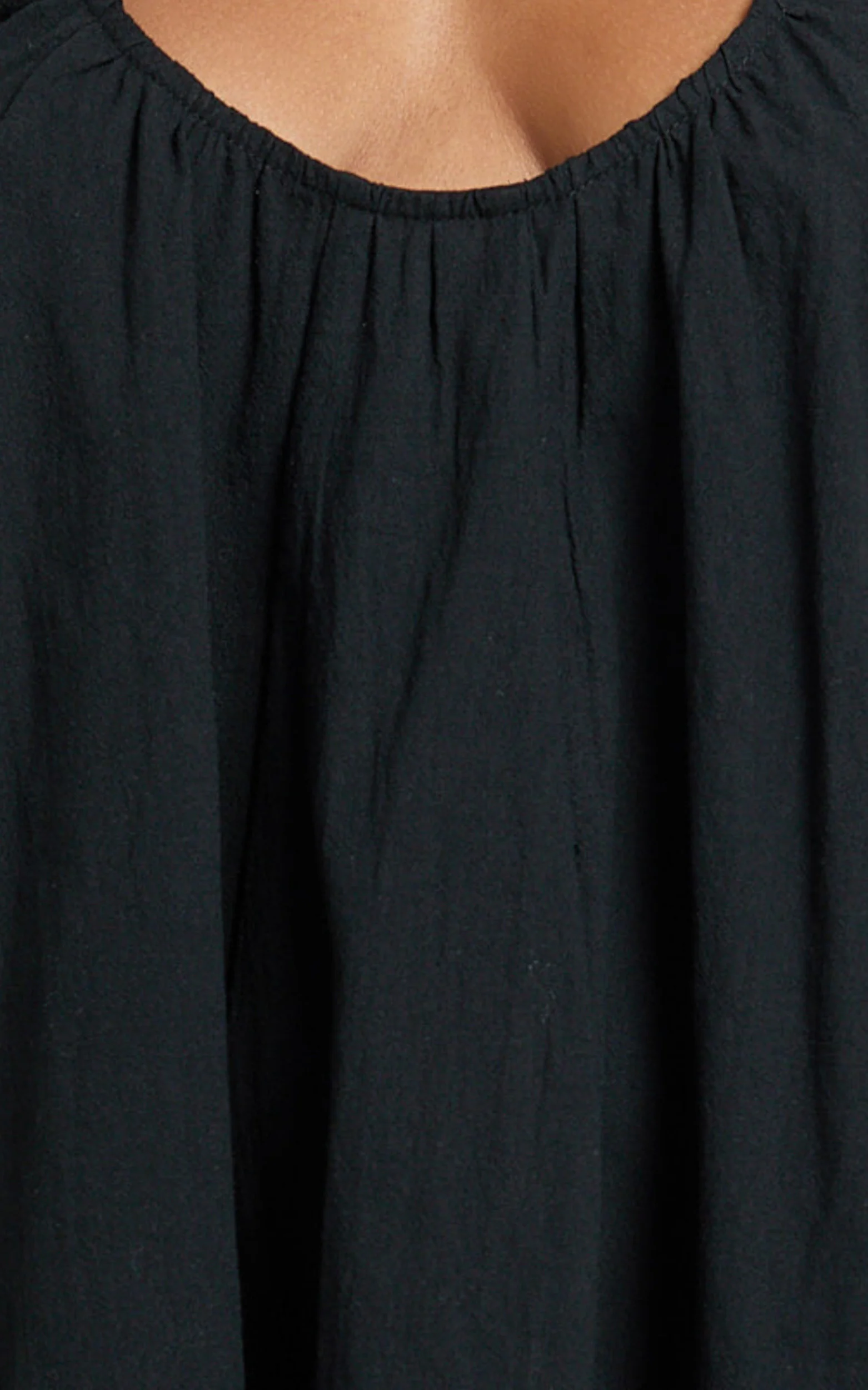 Lucinda Mini Dress - Deep U Gathered Neck Smock Dress in Black - Image 6