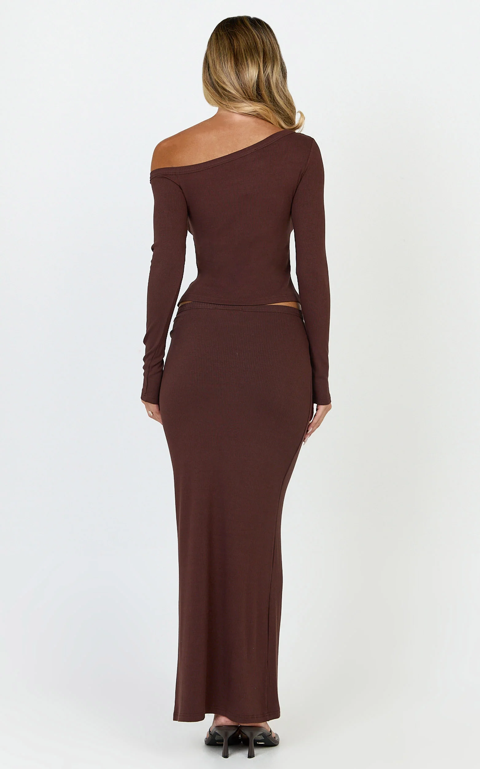 Lulu Two Piece Top and Skirt Set - Asymmetrical Button Detail Top And Maxi Skirt Set in Chocolate - Image 5