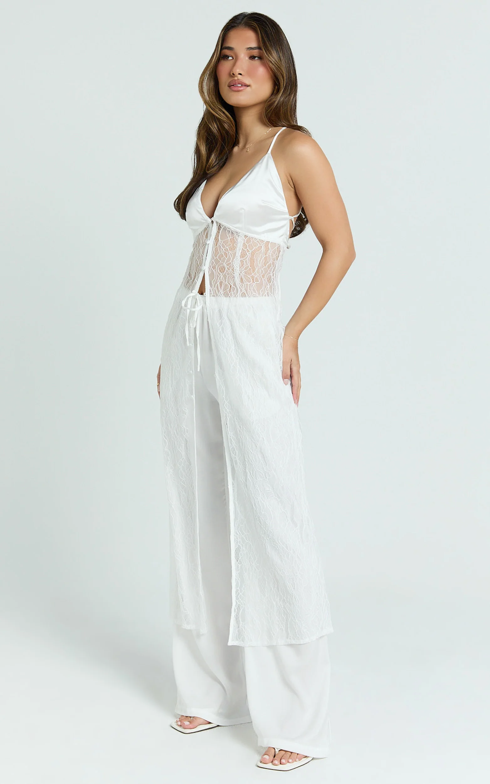 Luna Top - Satin and Lace Tie Back Long Line Top in Ivory - Image 6