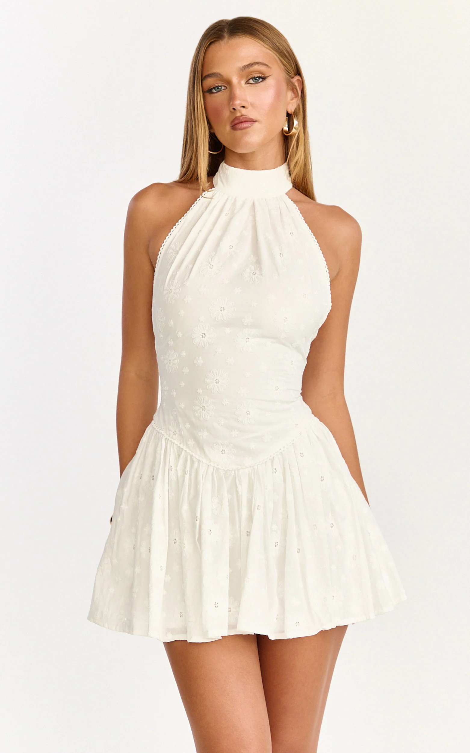 Lyra Mini Dress - Broderie Halter Neck Tie Drop V Waist Dress in White - Image 4