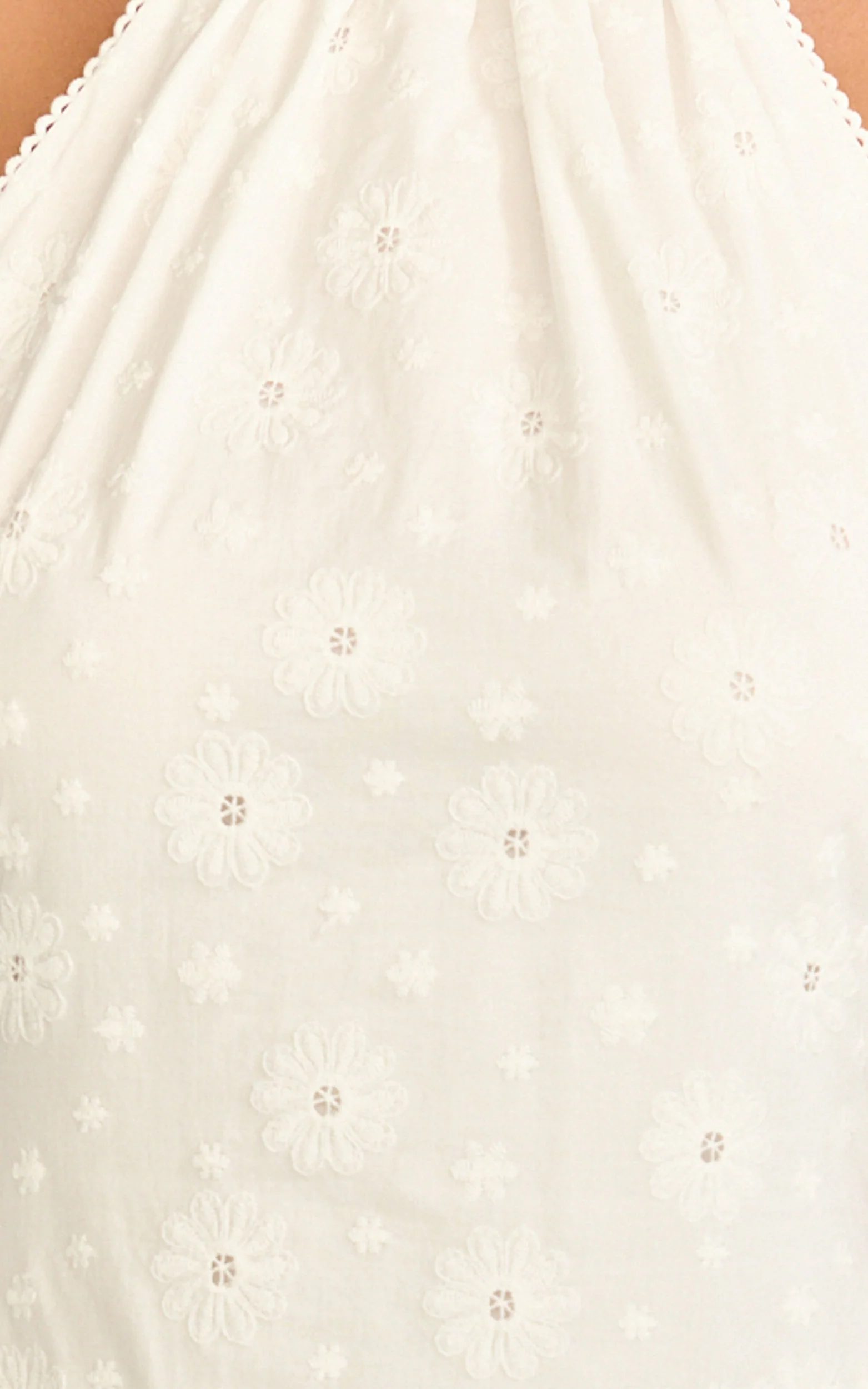 Lyra Mini Dress - Broderie Halter Neck Tie Drop V Waist Dress in White - Image 6