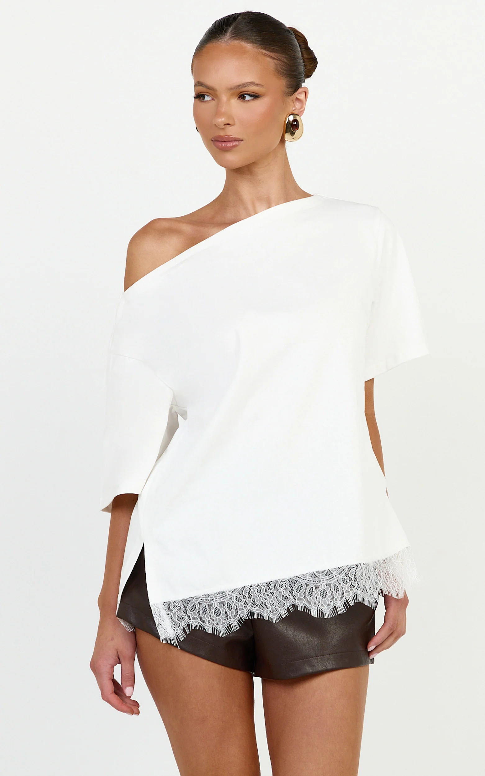 Lyra Top - Asym Lace Trim Tee in White - Image 3