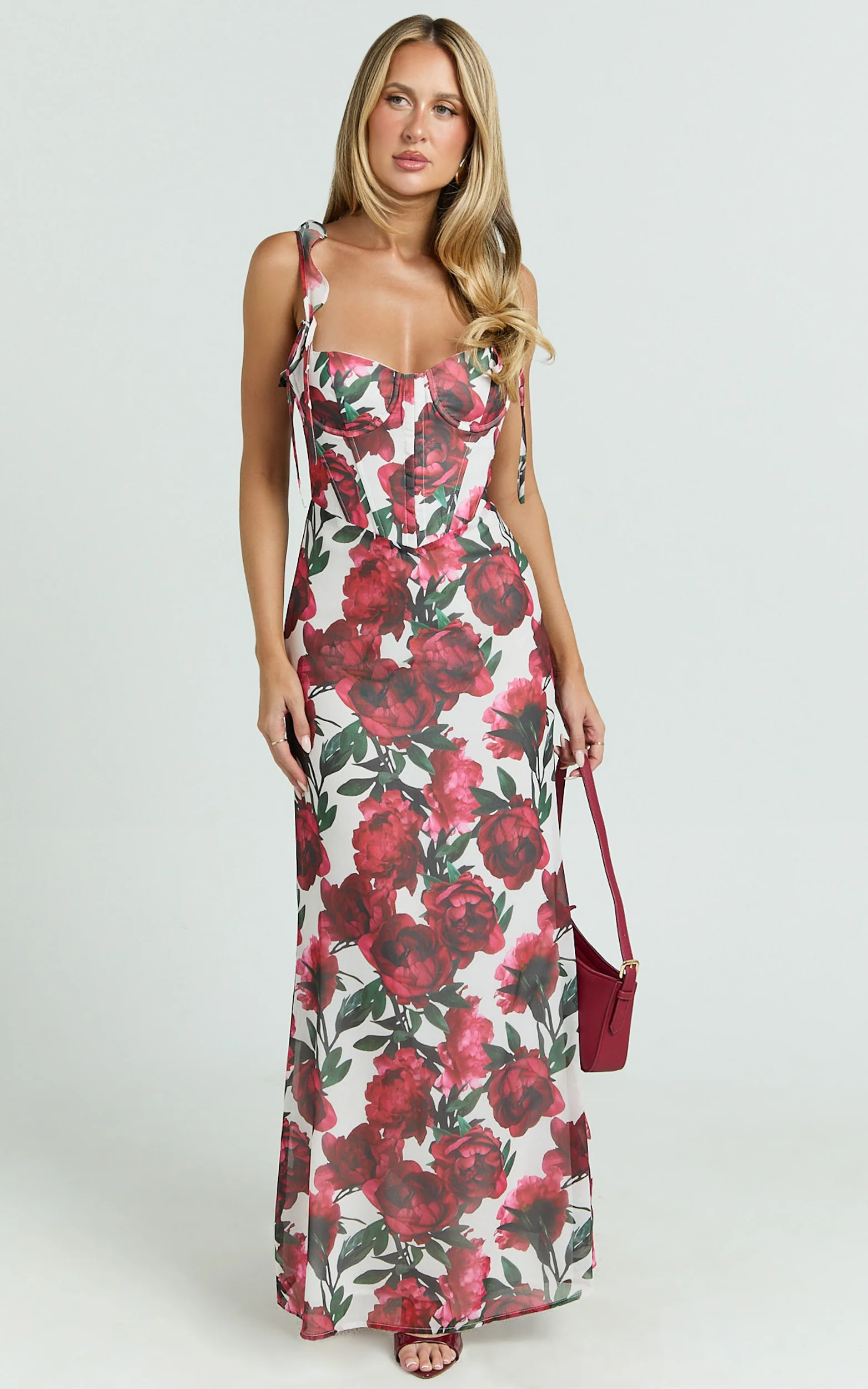Mabel Maxi Dress - Georgette Frill Sleeve Sweetheart Bias Cut Dress in Rose Blanca - Image 4