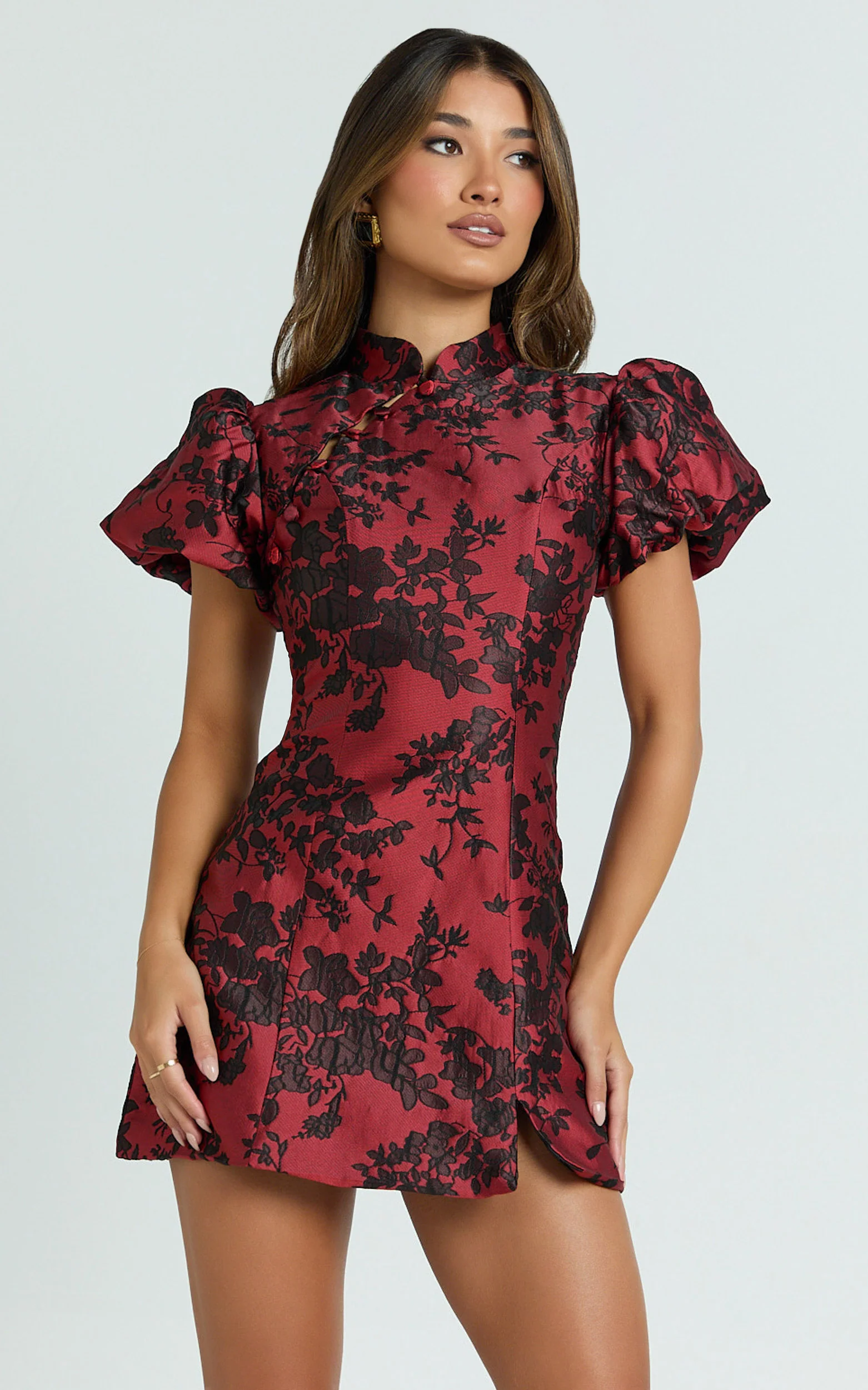 Mackay Mini Dress - Jacquard High Neck Puff Sleeve Dress in Red - Image 3