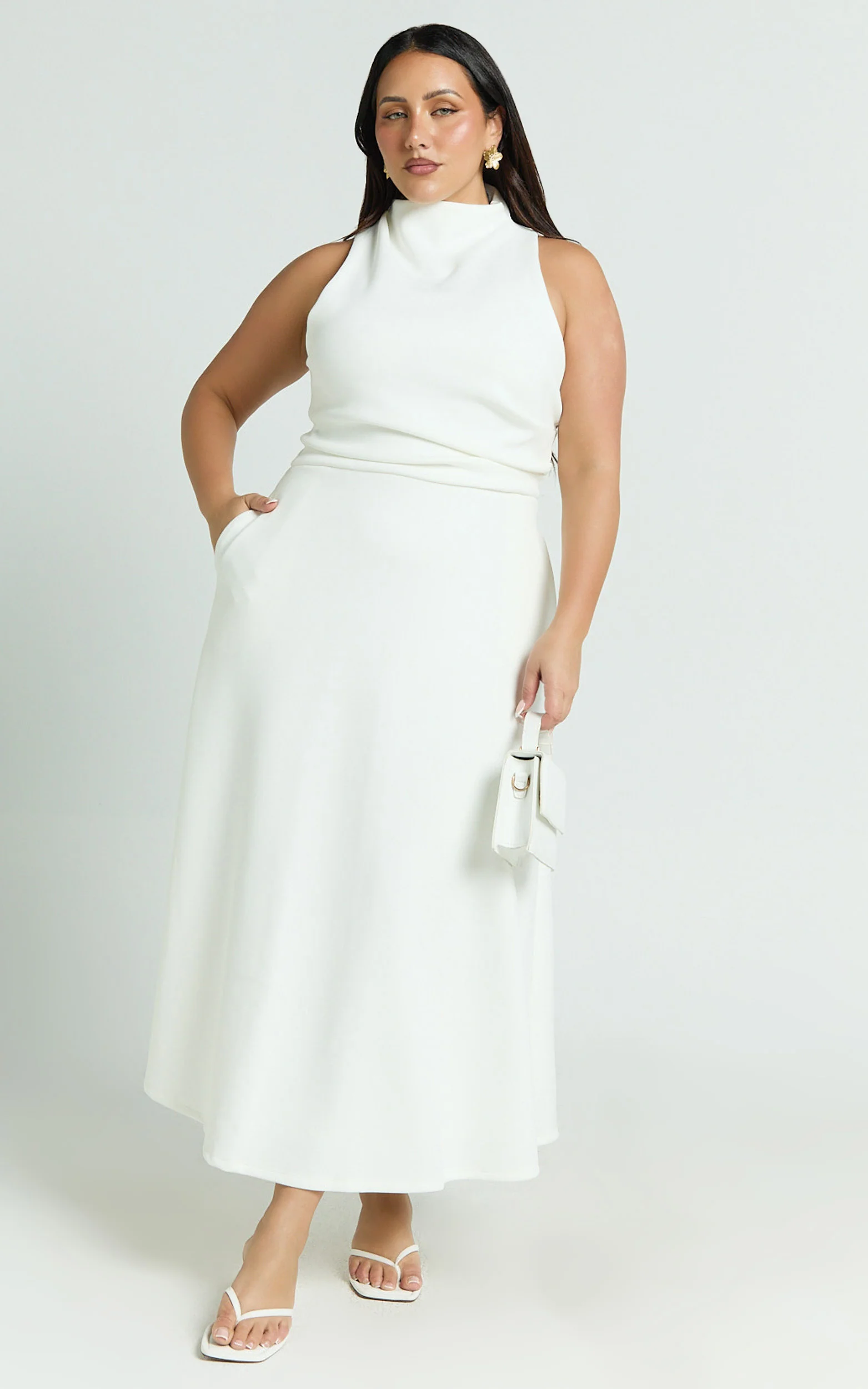 Macy Midi Dress - High Neck A Line Dress in Off White - Image 2