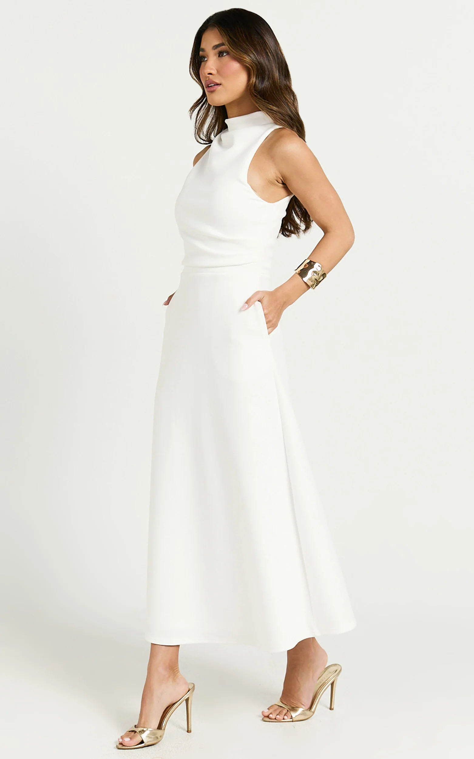 Macy Midi Dress - High Neck A Line Dress in Off White - Image 3