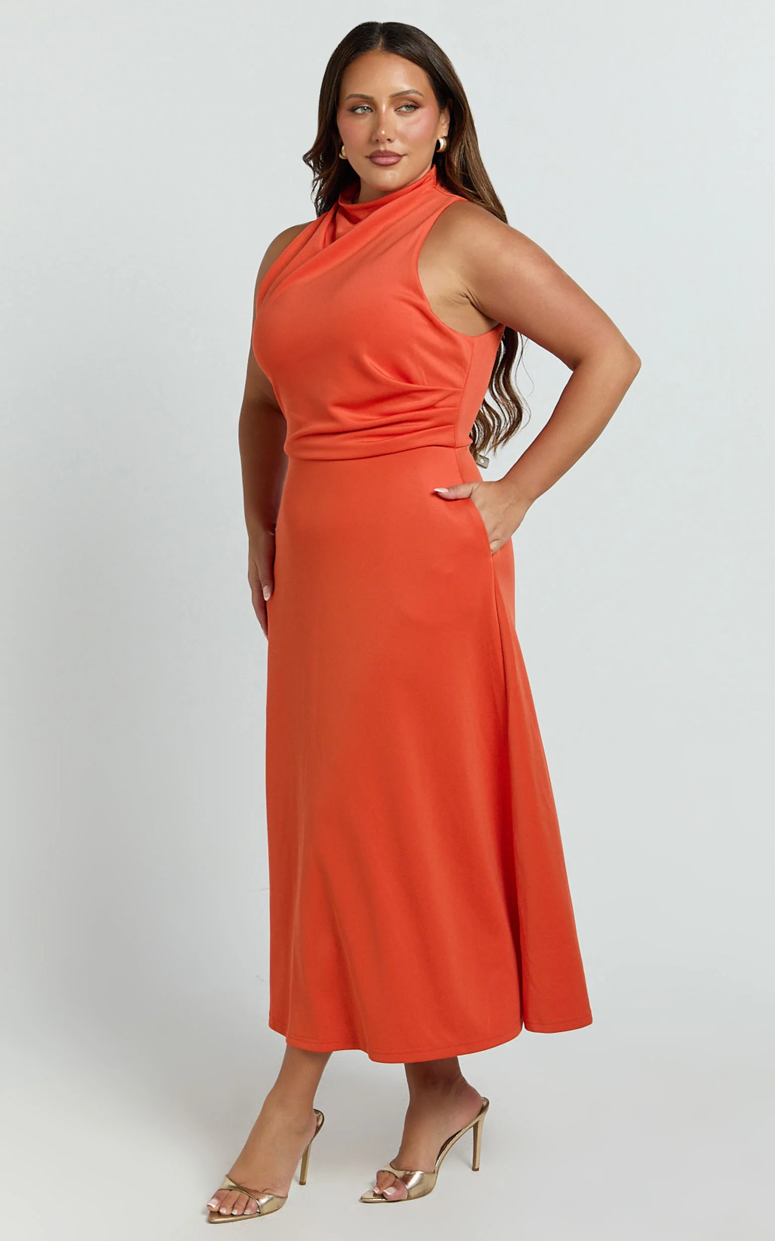 Macy Midi Dress - High Neck A Line Dress in Orange - Image 6