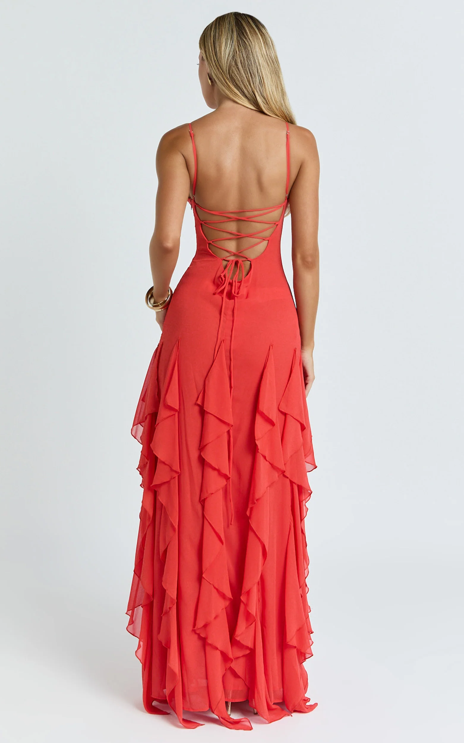 Maeve Maxi Dress - V Neck Ruffle Tier Slip Dress in Chilli - Image 2