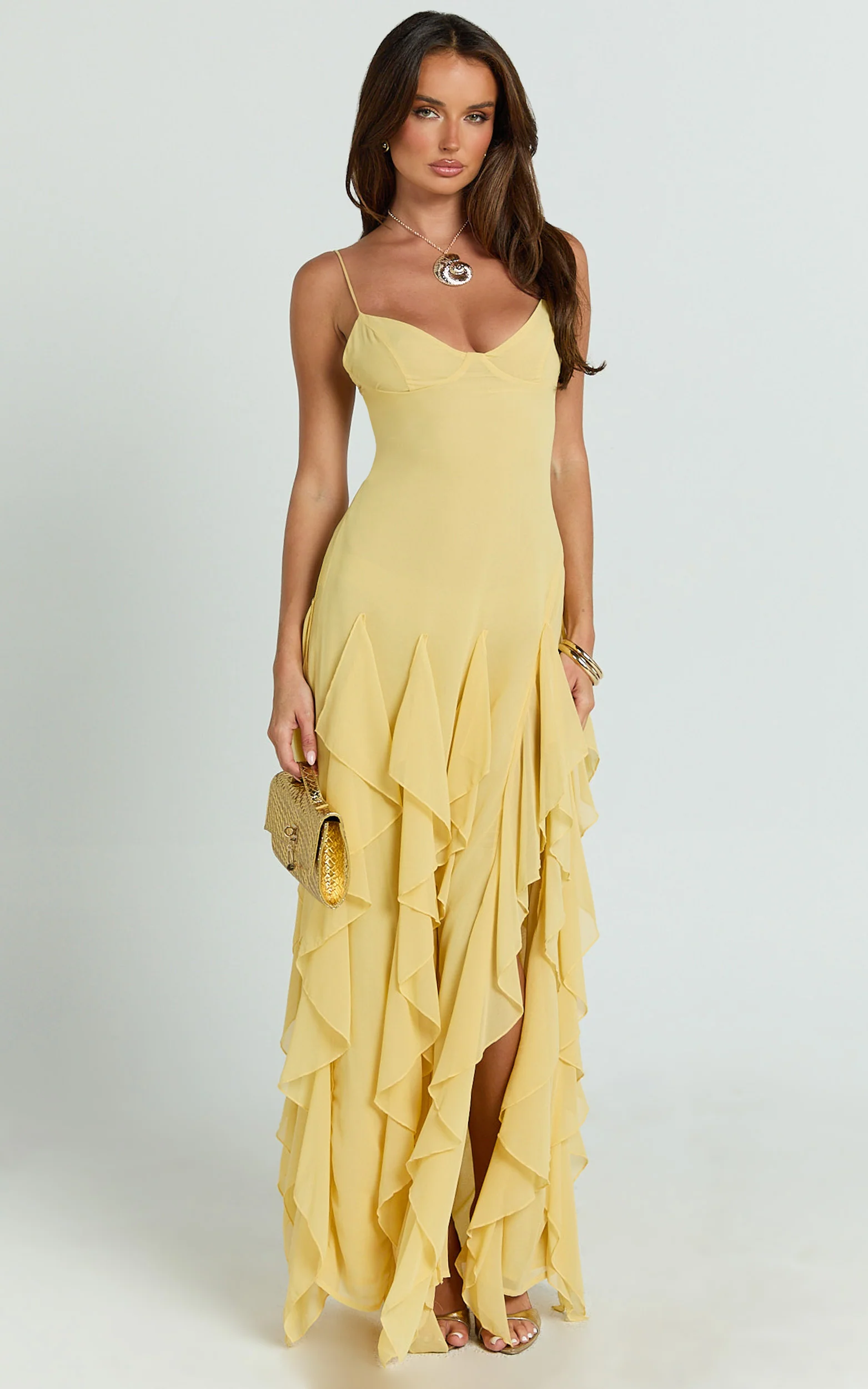 Maeve Maxi Dress - V Neck Ruffle Tier Slip Dress in Lemon - Image 4