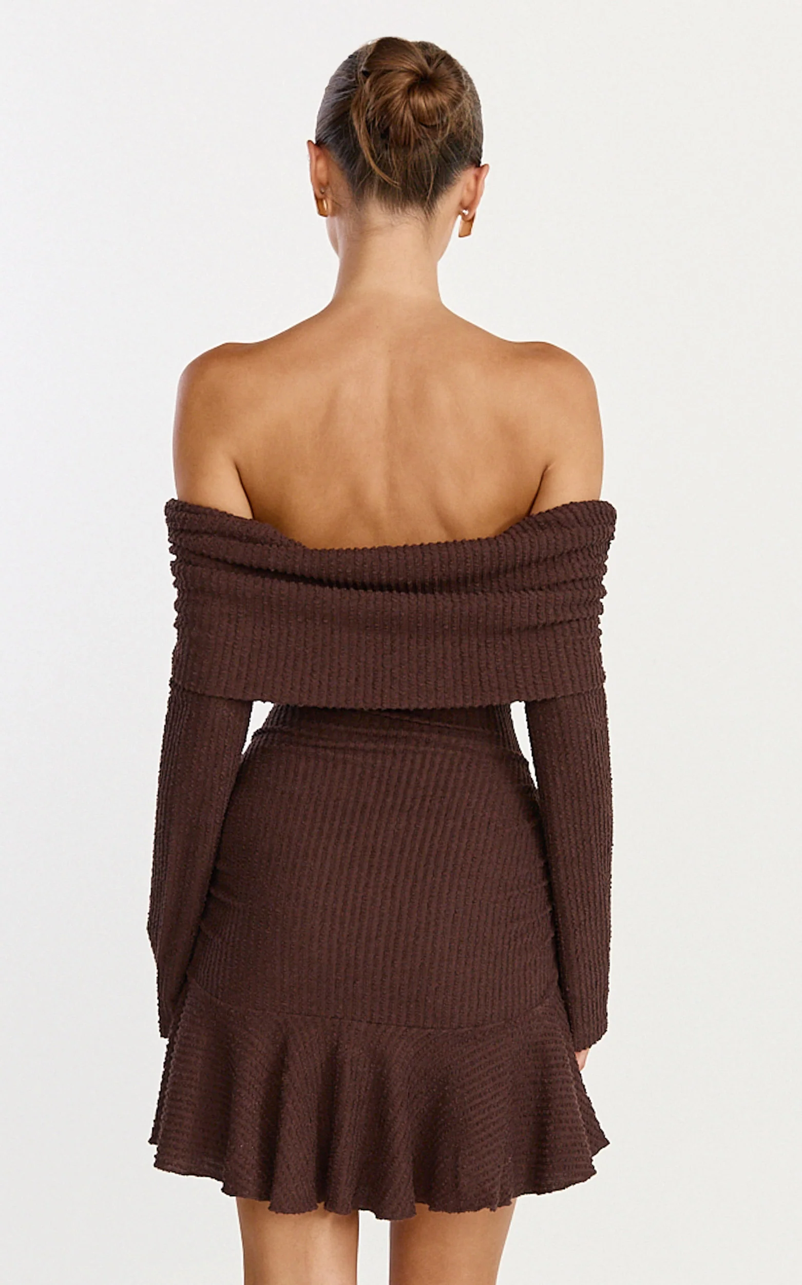 Maeve Mini Dress - Off Shoulder Long Sleeve Fit And Flare Mini Dress in Chocolate - Image 5