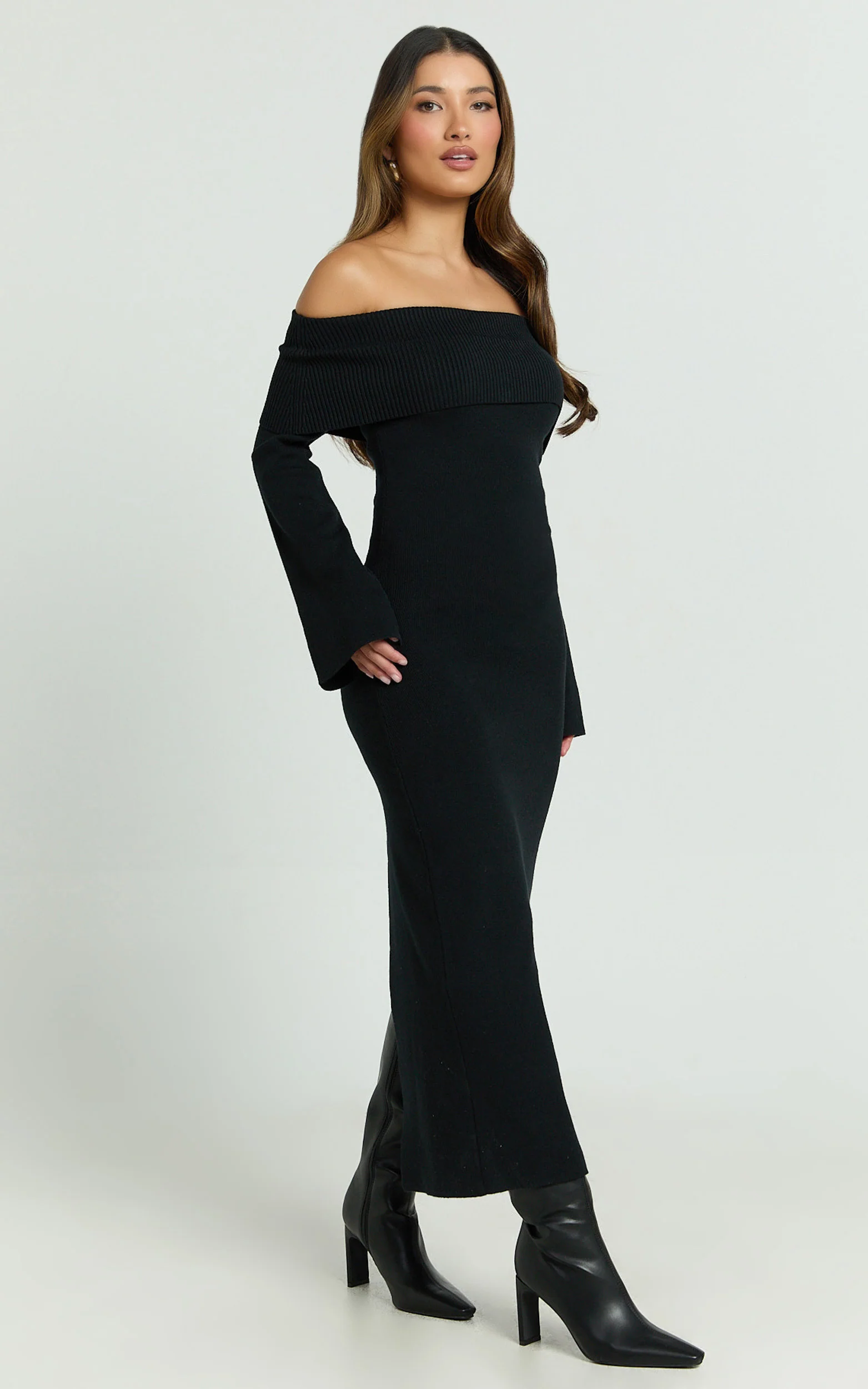 Maisie Midi Dress - Off Shoulder Long Sleeve Fitted Column Knit Dress in Black - Image 2