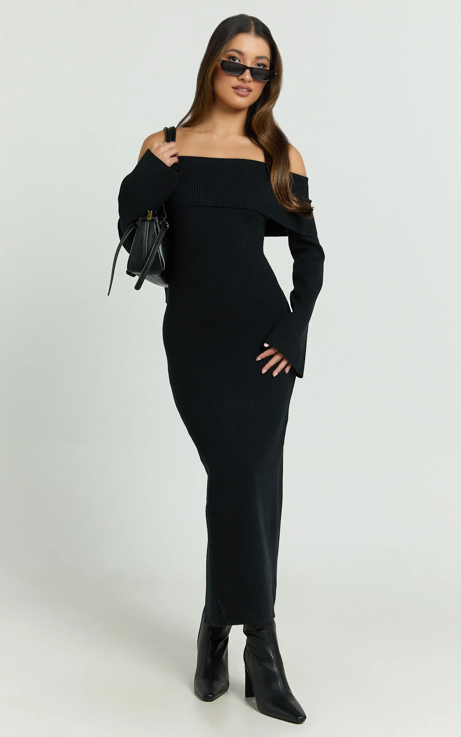 Maisie Midi Dress - Off Shoulder Long Sleeve Fitted Column Knit Dress in Black - Image 3
