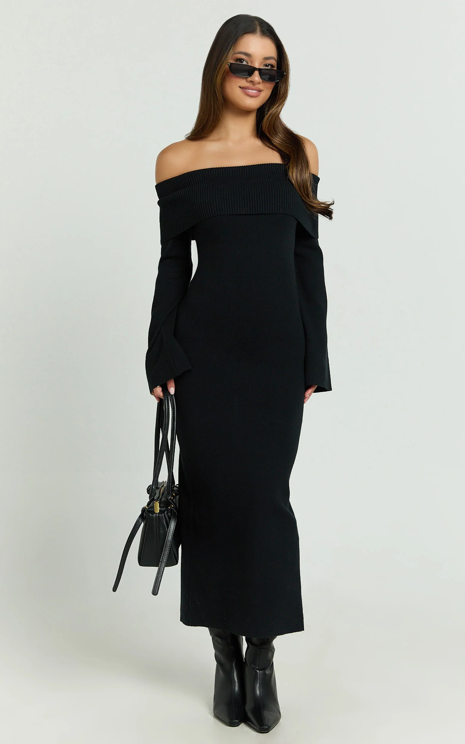 Maisie Midi Dress - Off Shoulder Long Sleeve Fitted Column Knit Dress in Black - Image 4