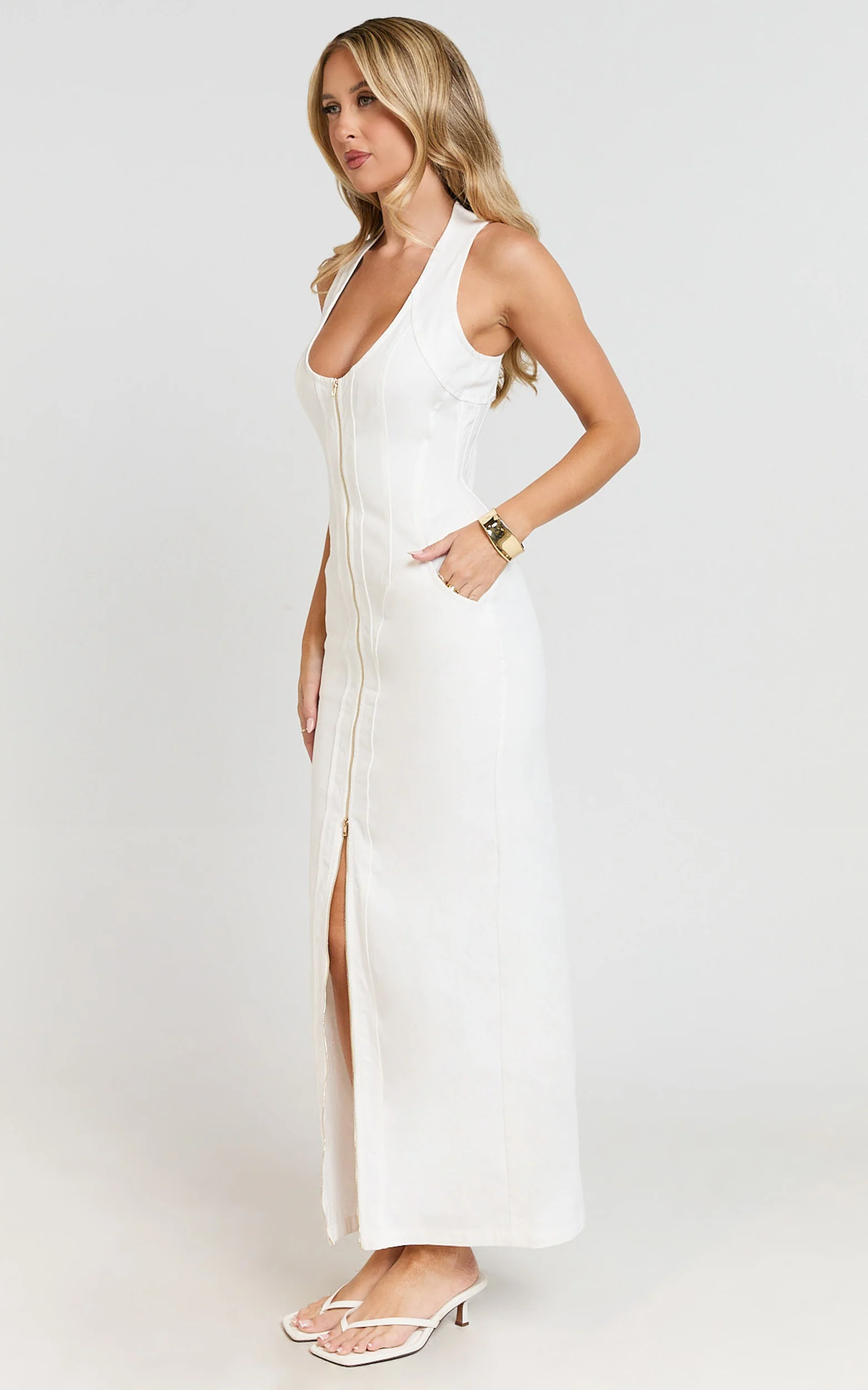 Maisy Midi Dress - Scoop Neck Racer Back Fitted Dress in White - Image 5