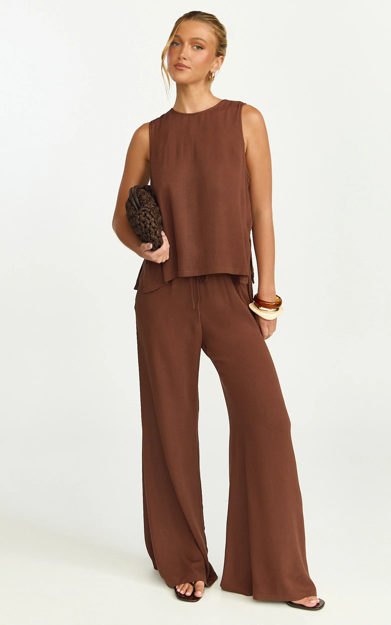 Makenna Pants - Wide Leg Crinkle Pants in Chocolate - Image 3