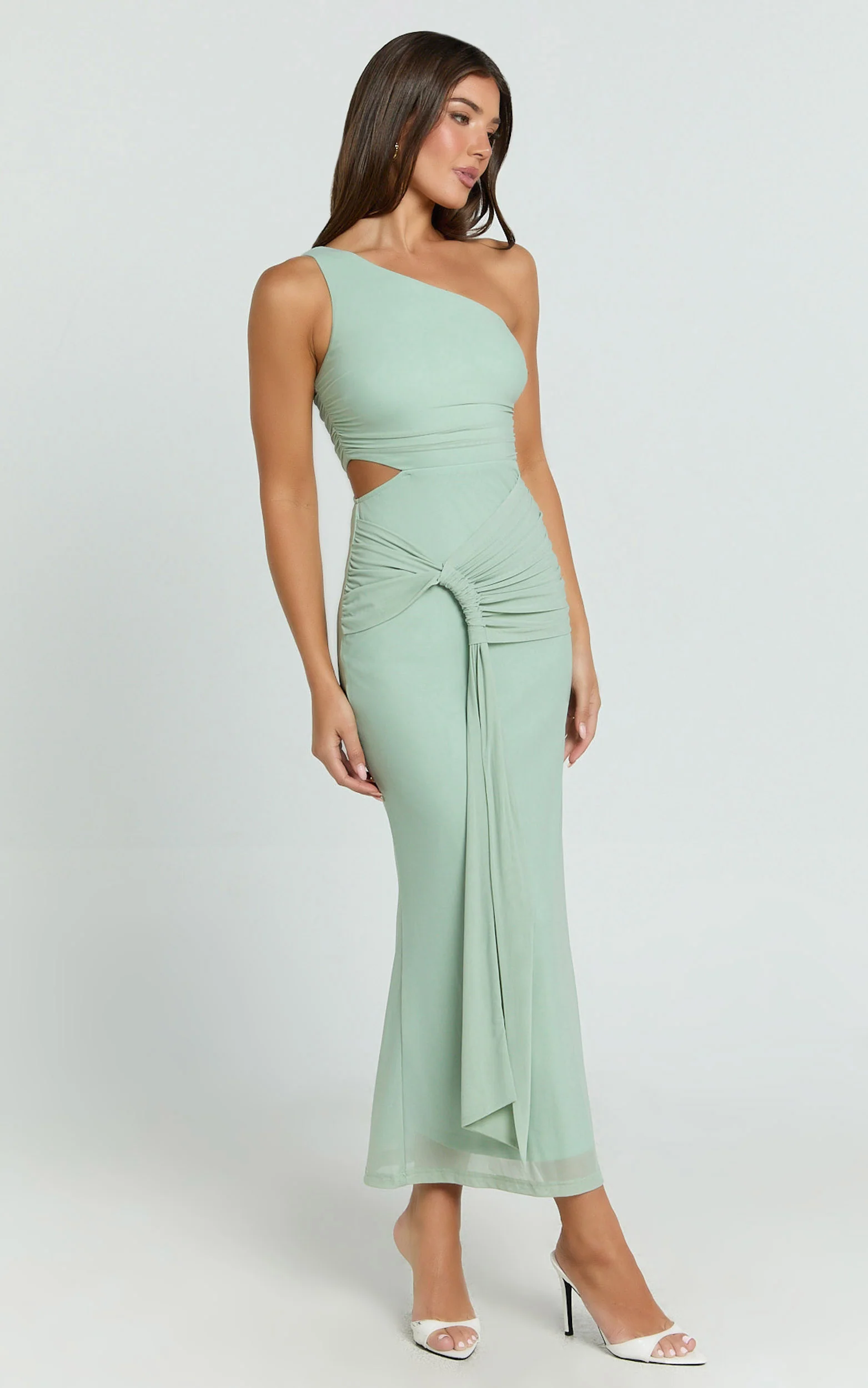 Mandy Midi Dress - Knot Detail Cut Out Mesh Dress in Sage - Image 2
